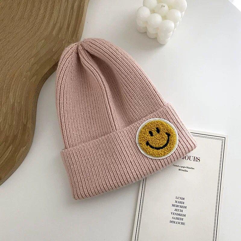 SMILEY FACE RIBBED BEANIE (VARIOUS COLOURS)
