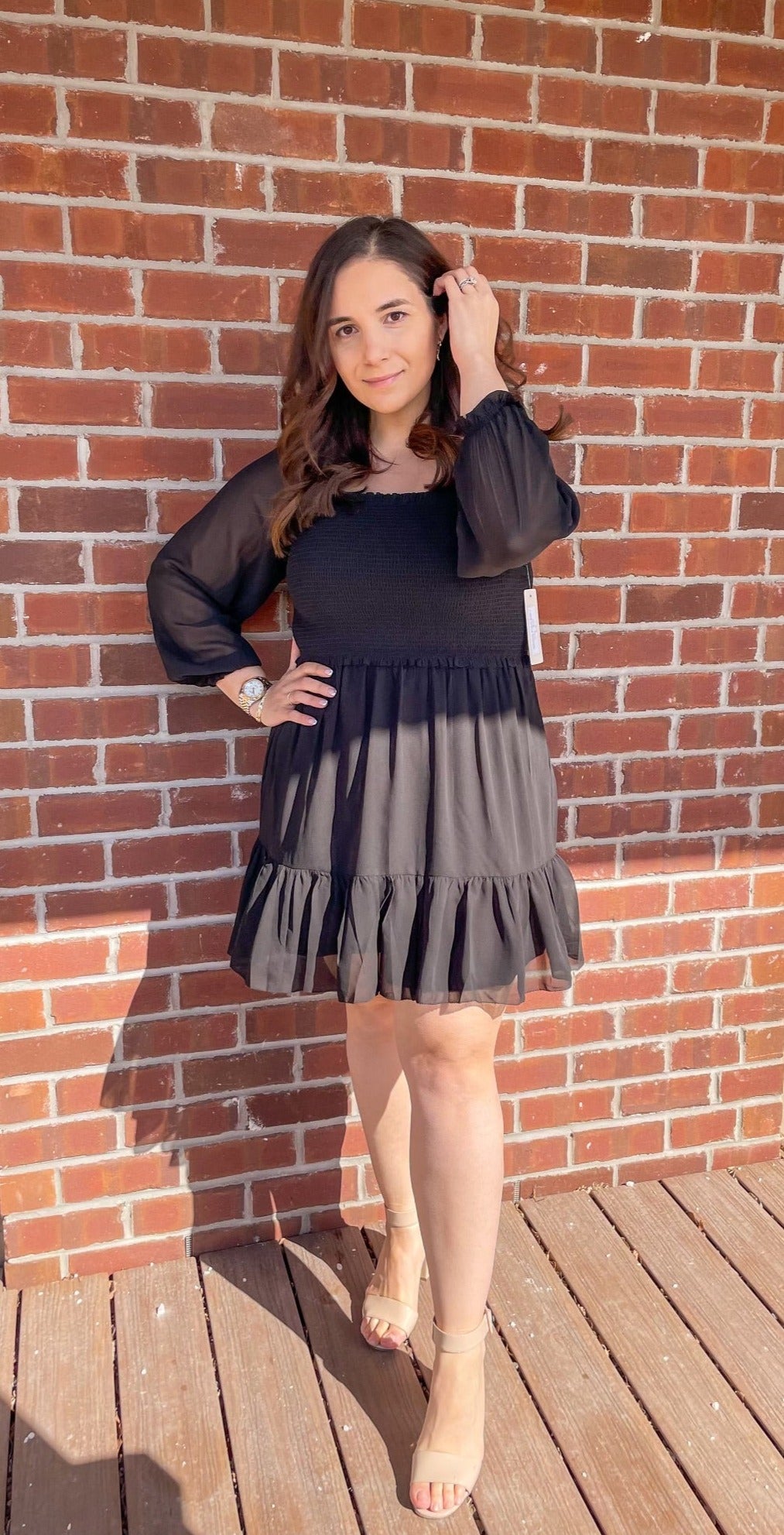 GEORGETTE RUSHED BODICE DRESS - BLACK