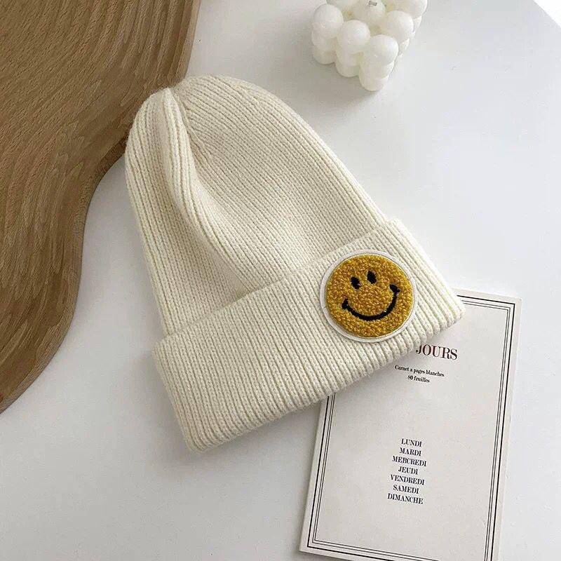 SMILEY FACE RIBBED BEANIE (VARIOUS COLOURS)