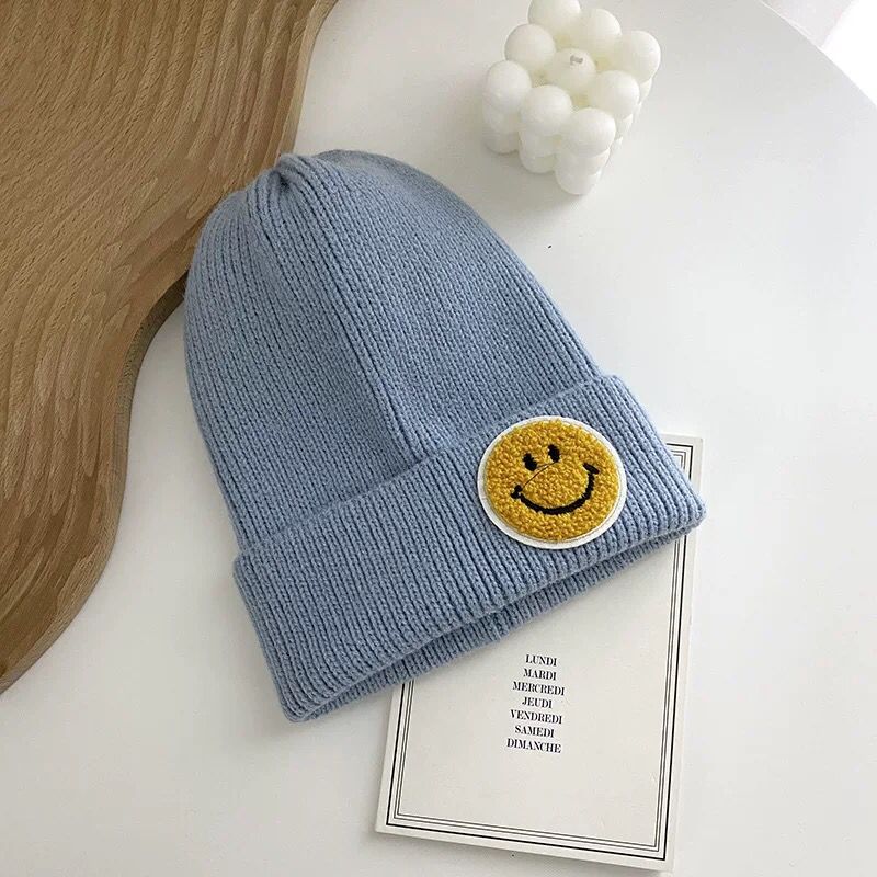 SMILEY FACE RIBBED BEANIE (VARIOUS COLOURS)
