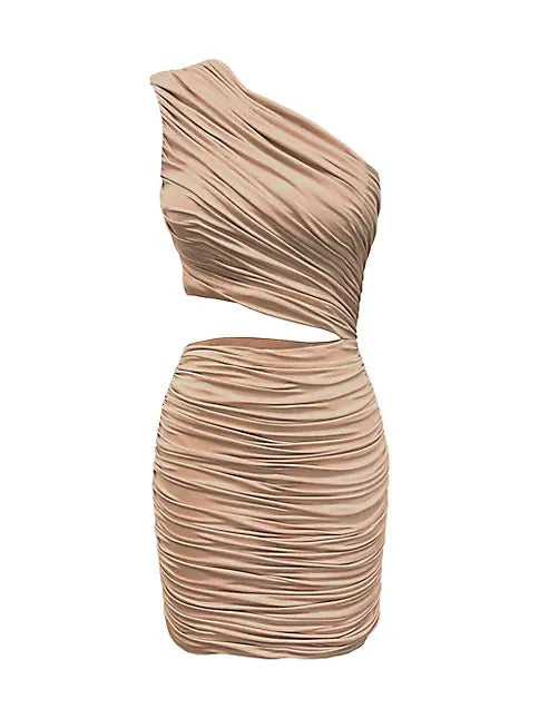 ROXANNE ASYMMETRICAL SIDE CUTOUT RUCHED DRESS - CHAMPAGNE