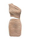 ROXANNE ASYMMETRICAL SIDE CUTOUT RUCHED DRESS - CHAMPAGNE (ONLINE ONLY)