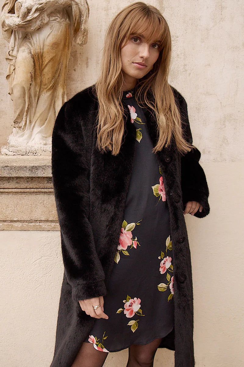 LONG FAUX FUR WOVEN JACKET - NOIR