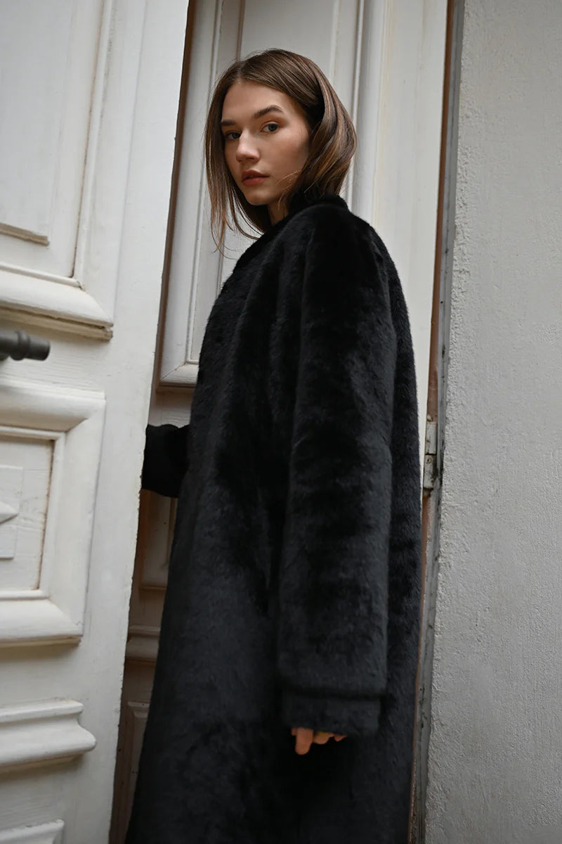 LONG FAUX FUR WOVEN JACKET - NOIR