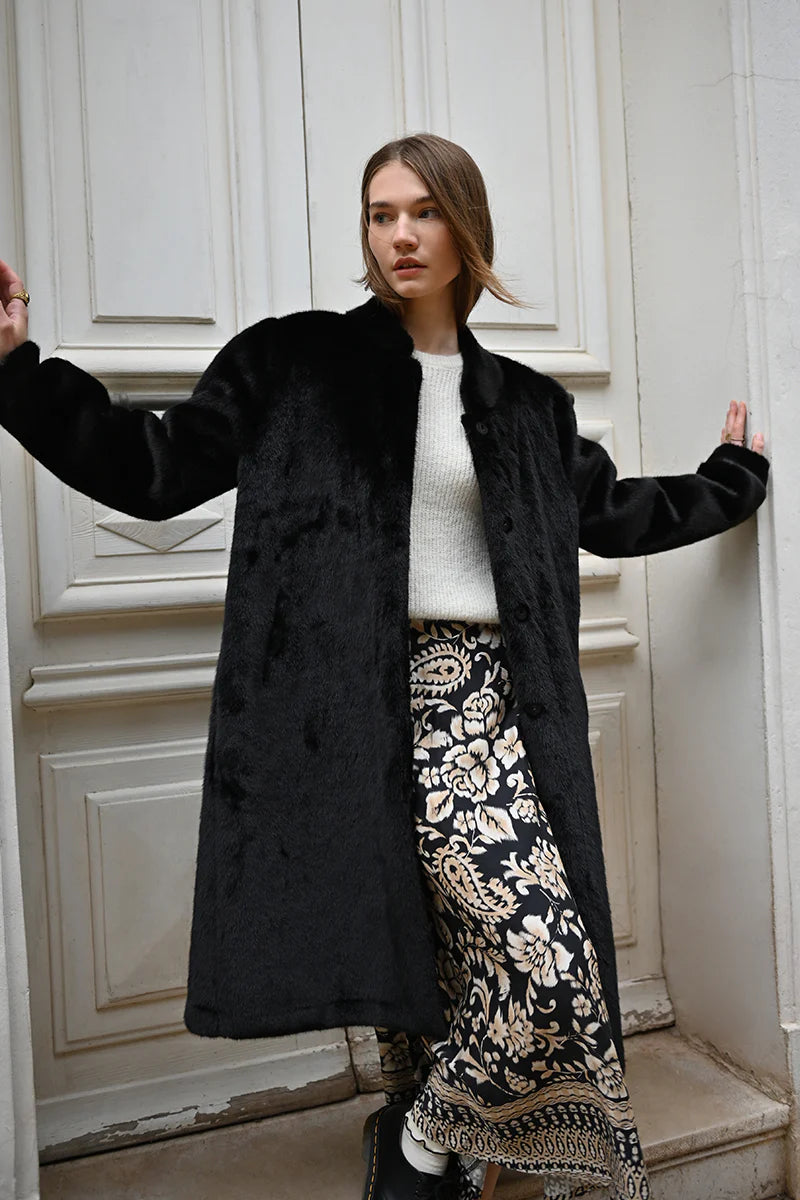 LONG FAUX FUR WOVEN JACKET - NOIR