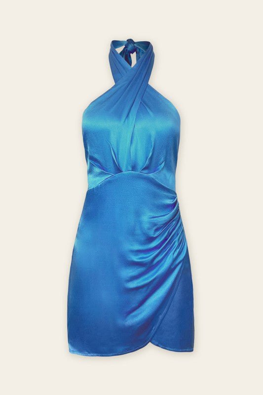 PLUNGING HALTERNECK MINI DRESS - FRESCO BLUE (ONLINE ONLY)