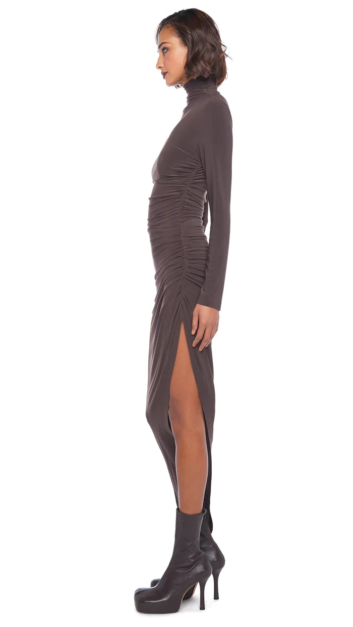 TURTLE NECK SIDE DRAPE GOWN - CHOCOLATE