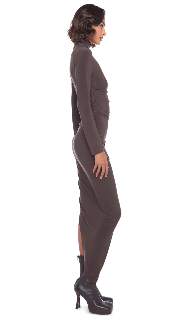 TURTLE NECK SIDE DRAPE GOWN - CHOCOLATE