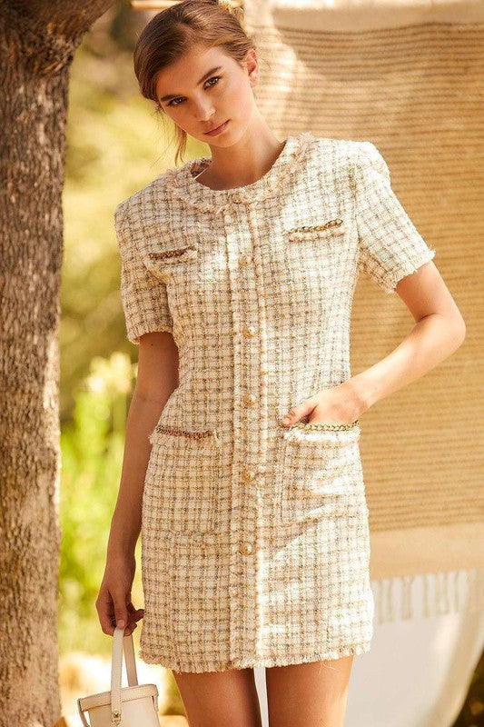 PORTO TWEED MINI DRESS - OFF-WHITE