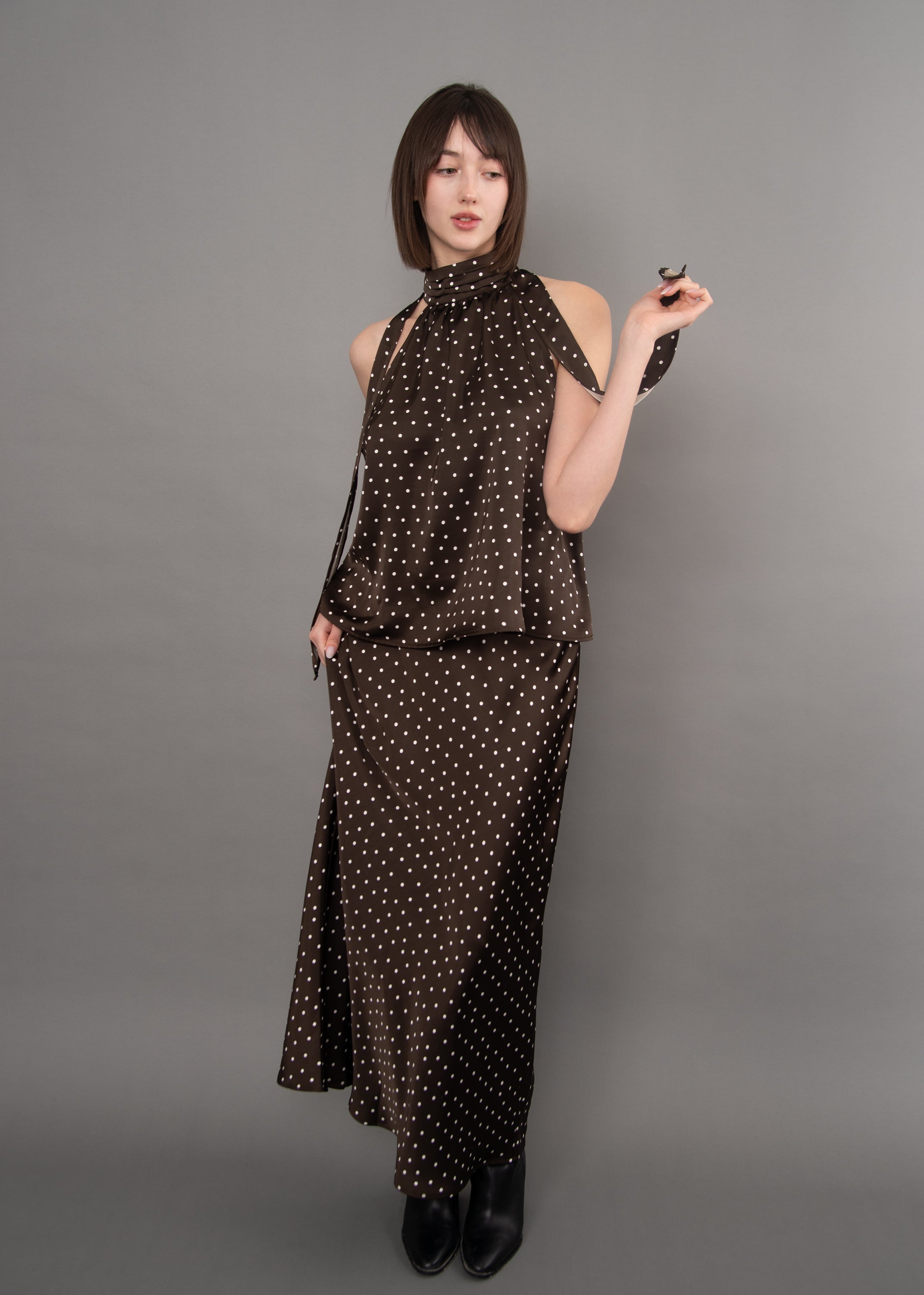 ALICENT SATIN MAXI SKIRT - BROWN POLKA