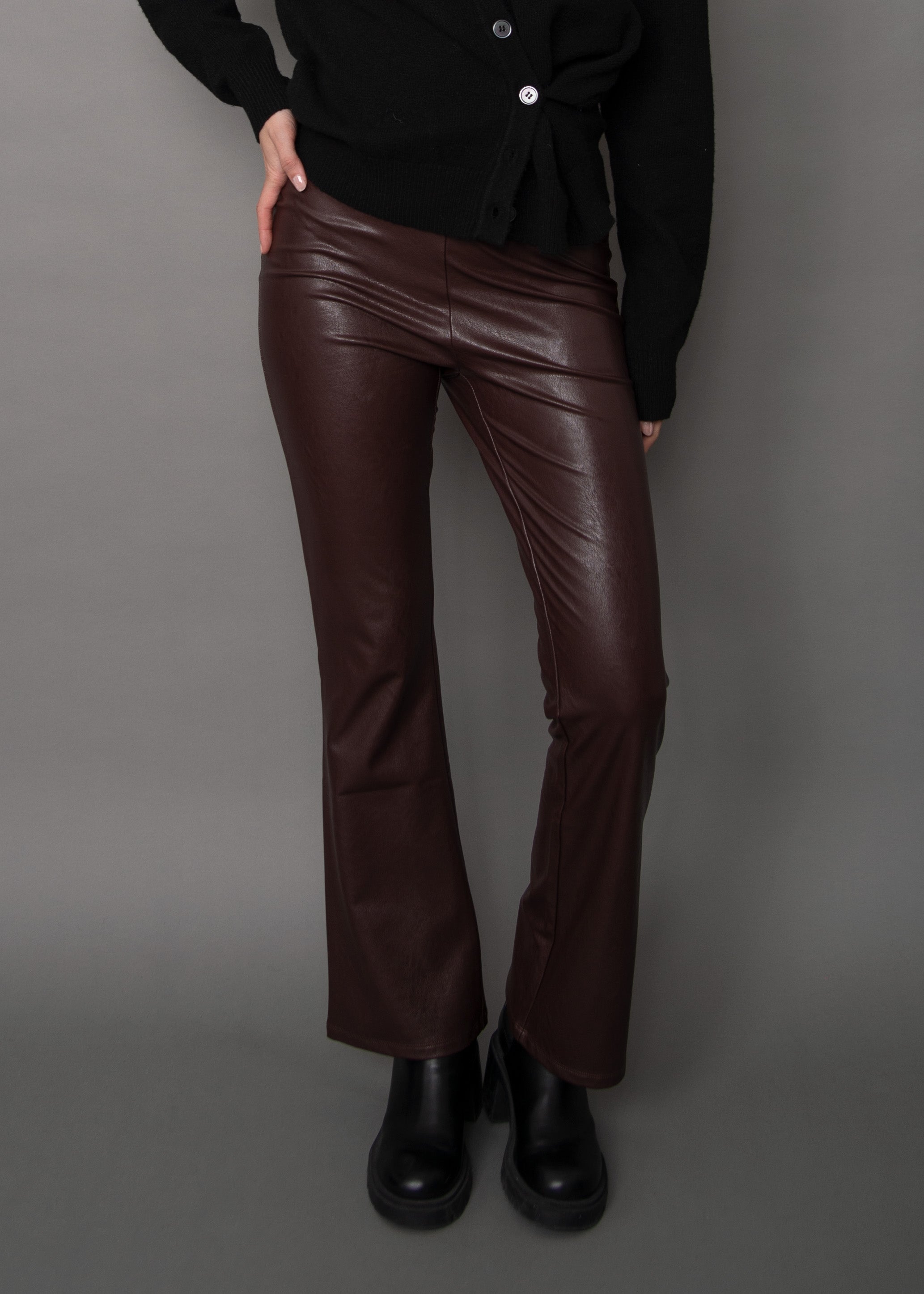 FABIANA STRETCH LEATHER FLARE PANT - BRUNETTE