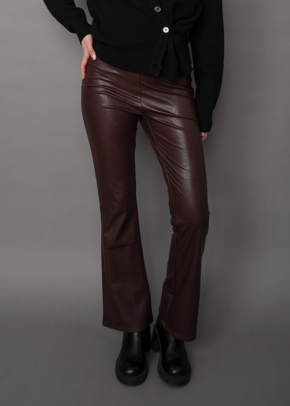 FABIANA STRETCH LEATHER FLARE PANT - BRUNETTE