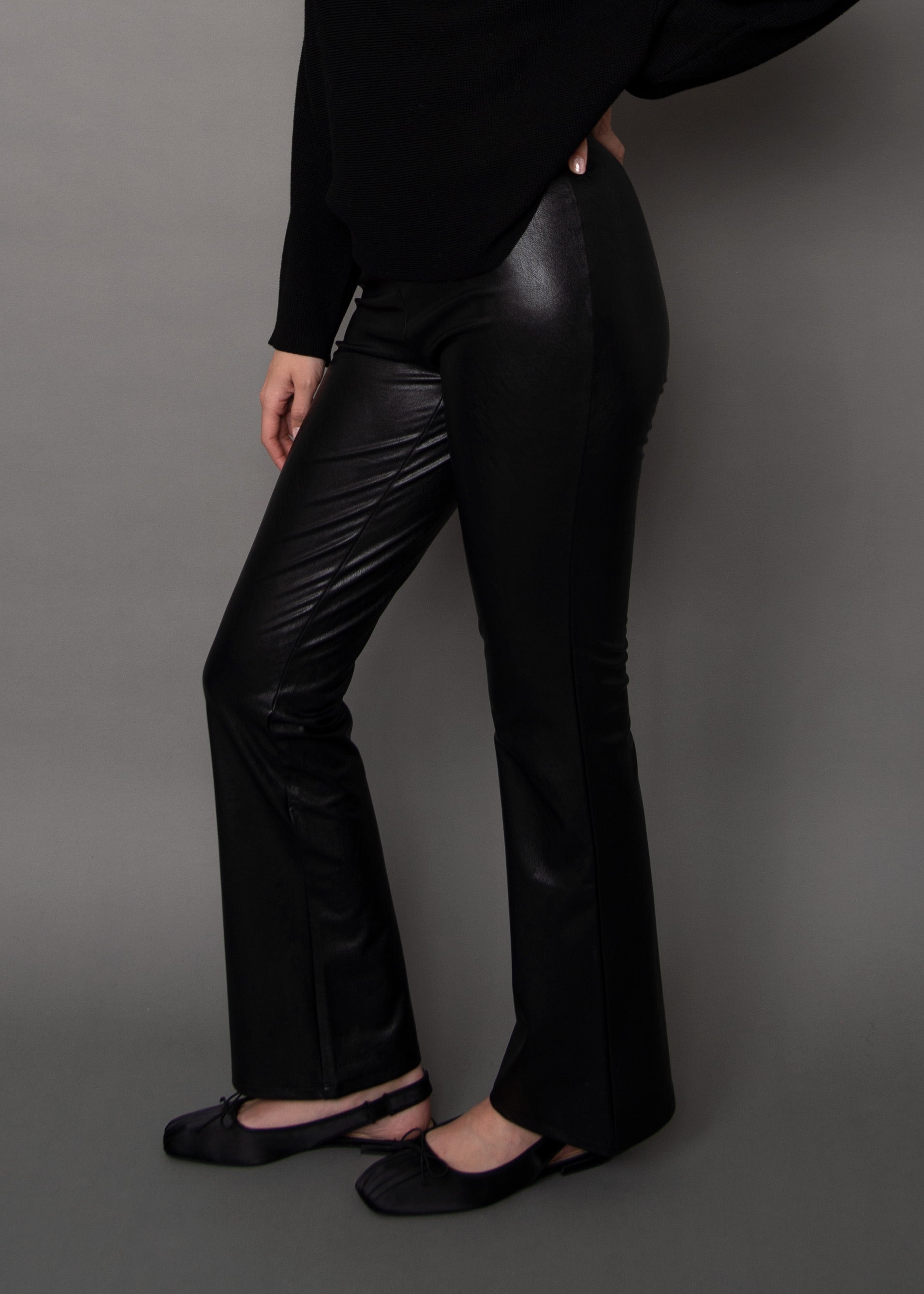 FABIANA STRETCH LEATHER FLARE PANT - BLACK