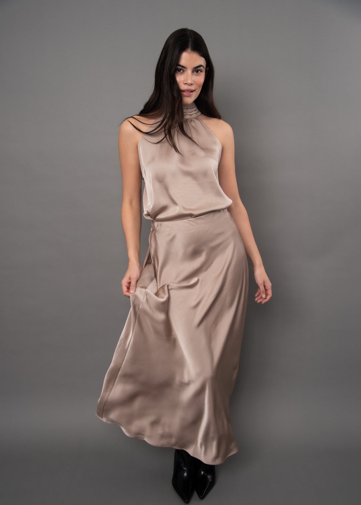 ALICENT SATIN MAXI SKIRT - TAUPE