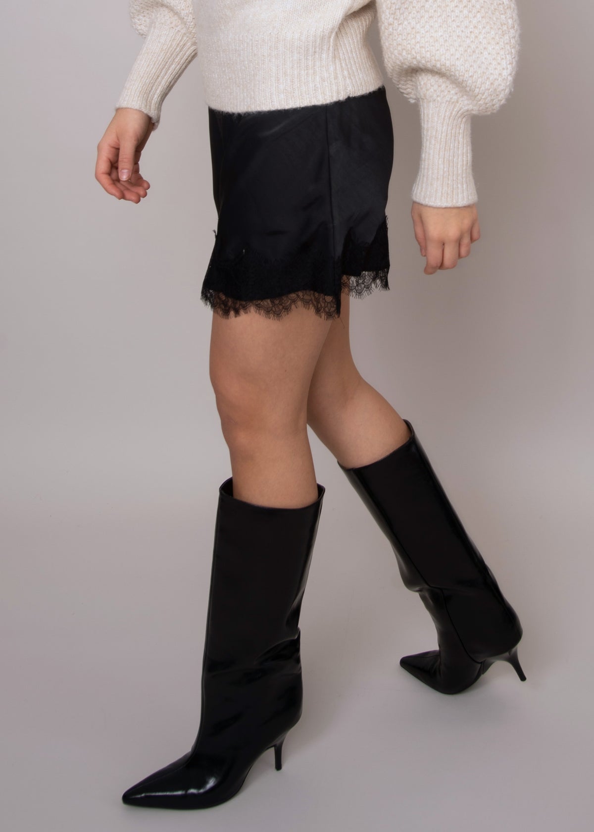 KIRA SATIN LACE TRIM SKIRT - BLACK