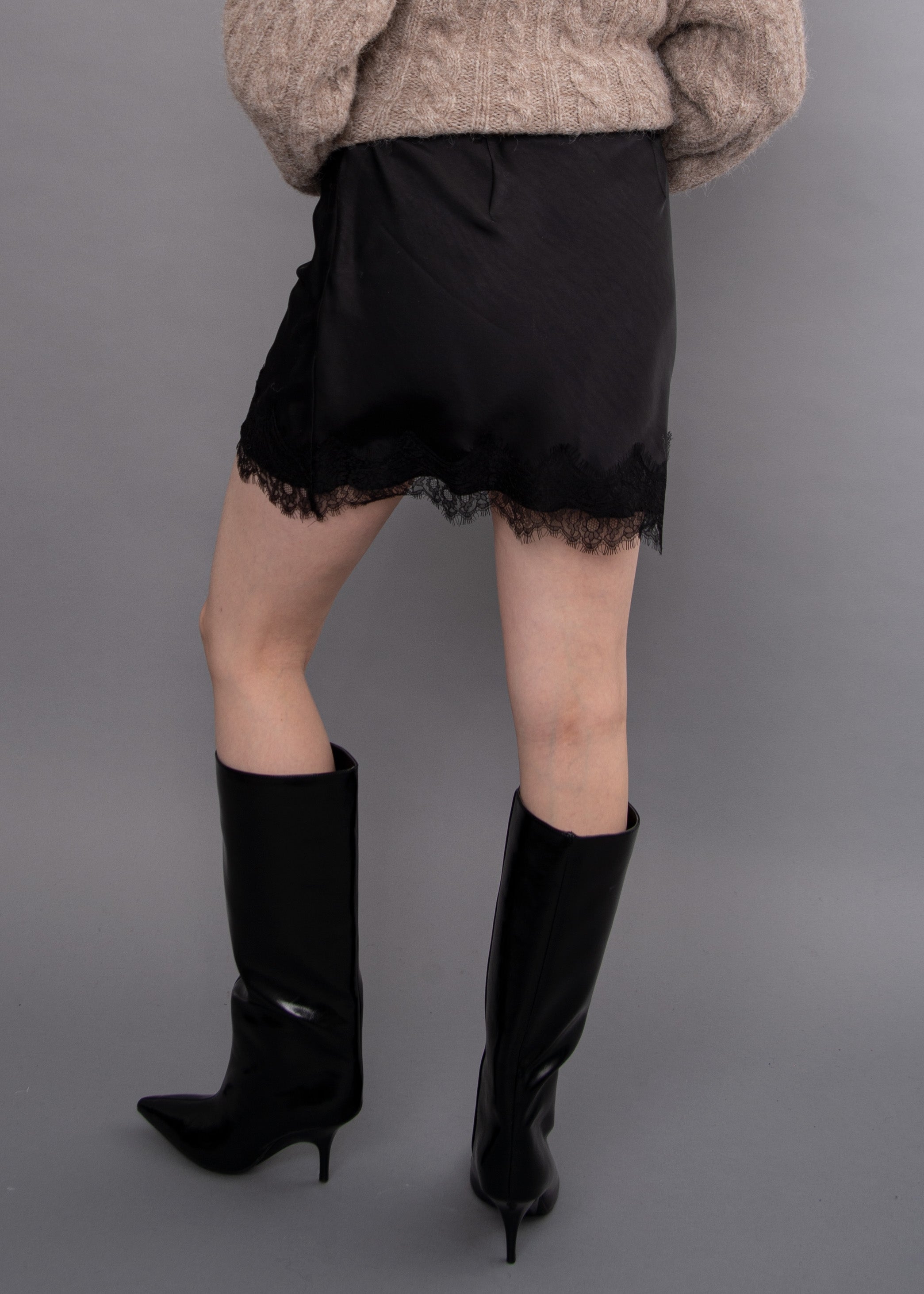 KIRA SATIN LACE TRIM SKIRT - BLACK