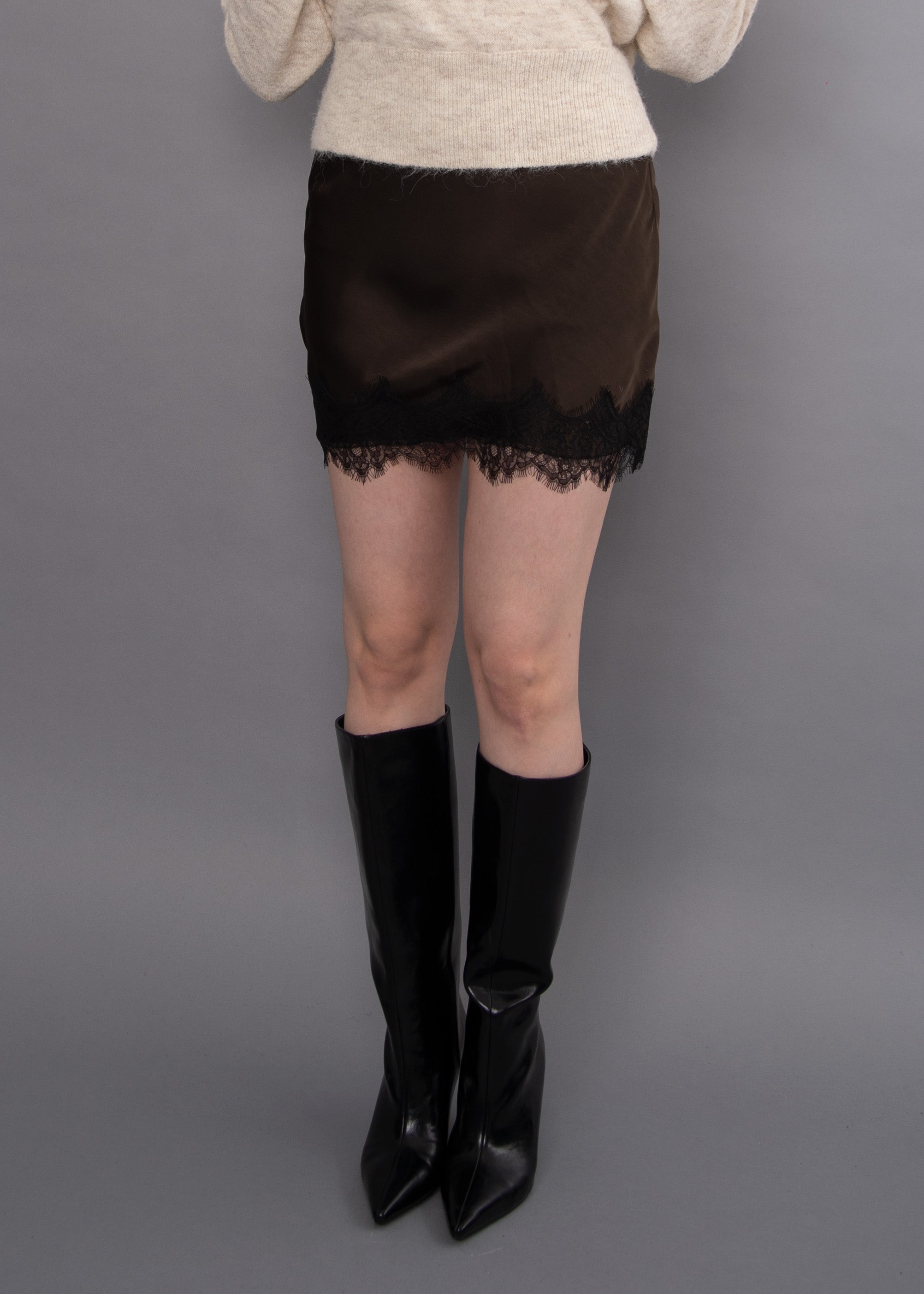 KIRA SATIN LACE TRIM SKIRT - CHOCOLATE