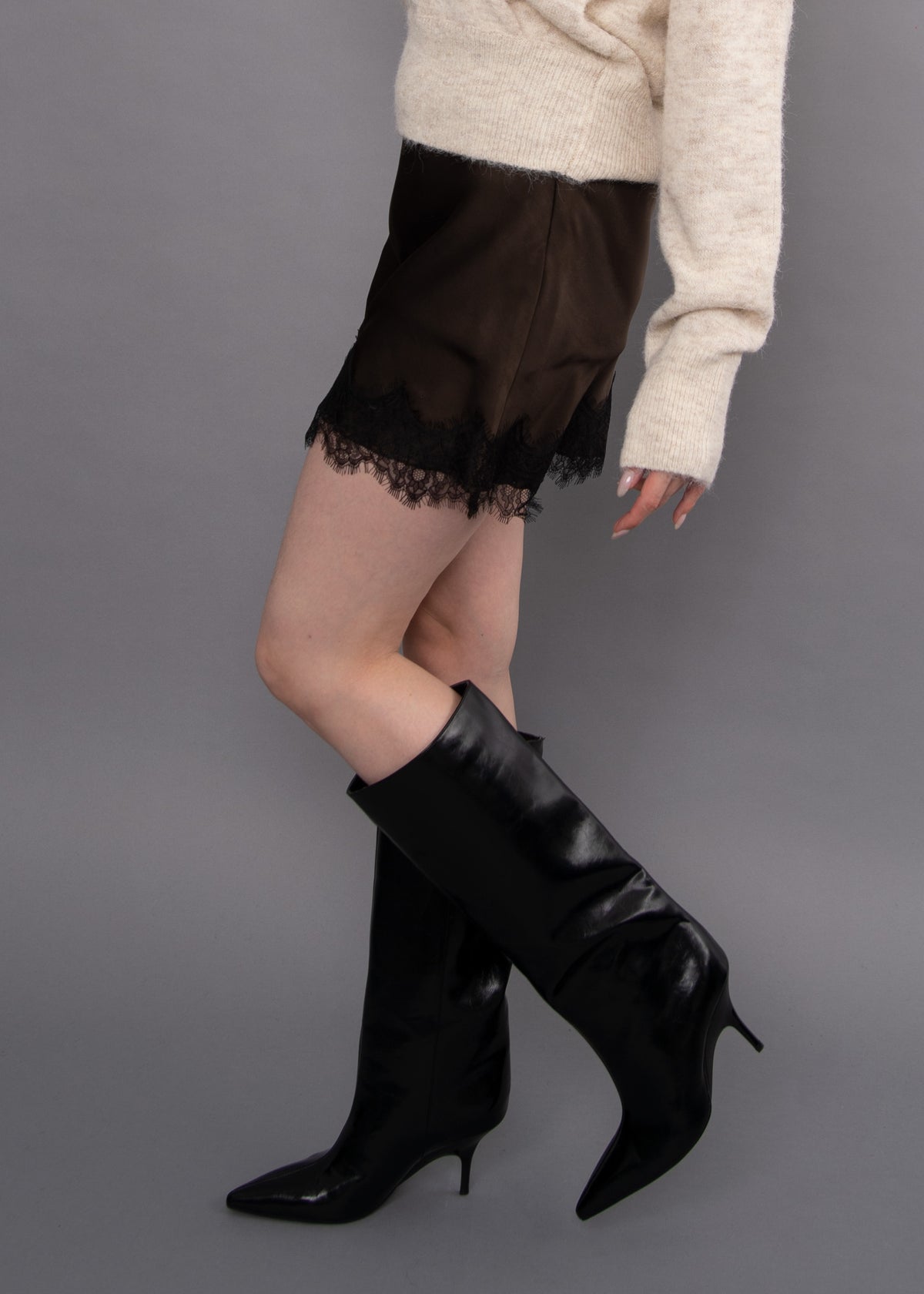 KIRA SATIN LACE TRIM SKIRT - CHOCOLATE