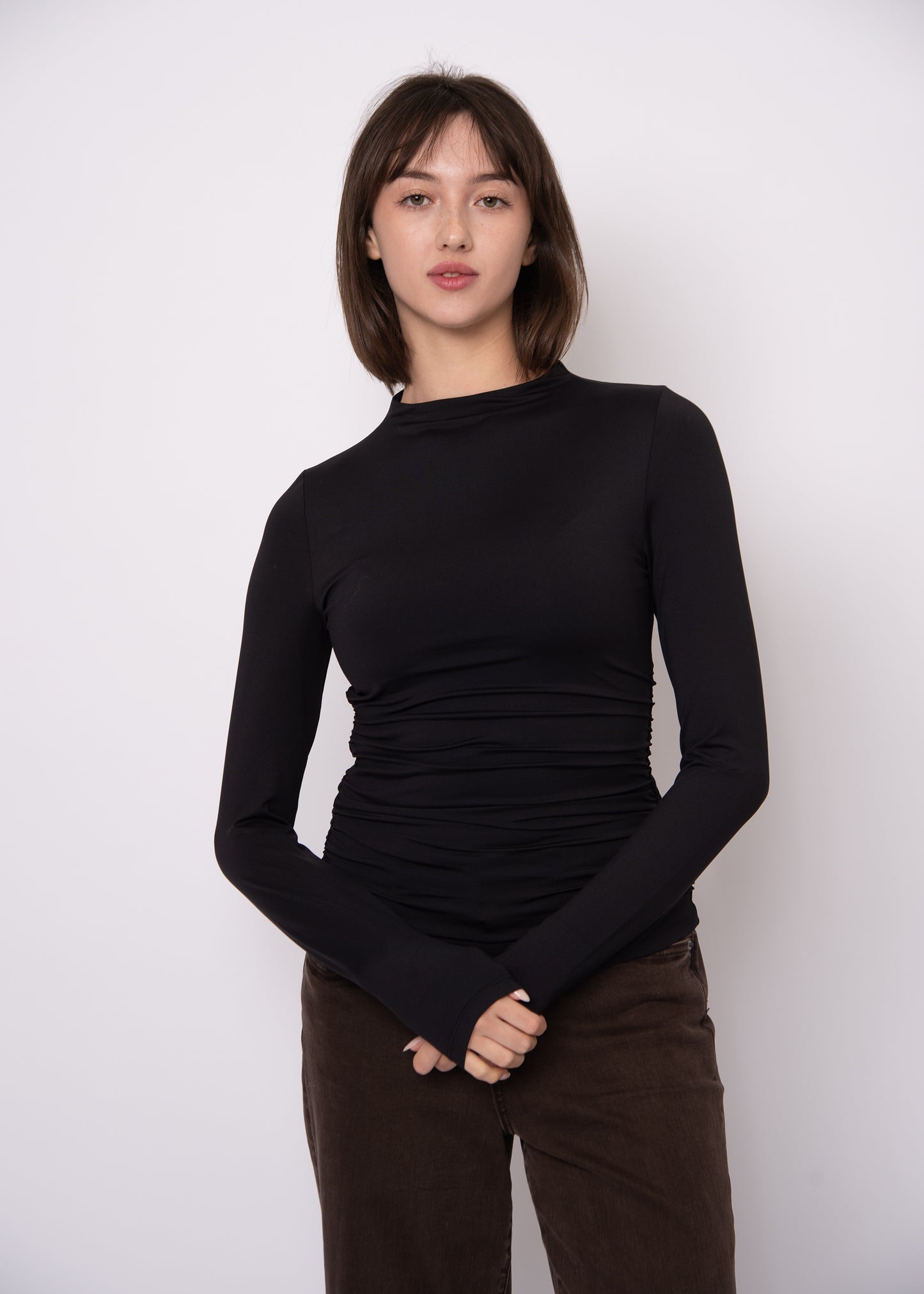 YVE FUNNEL NECK RUCHED TOP - BLACK