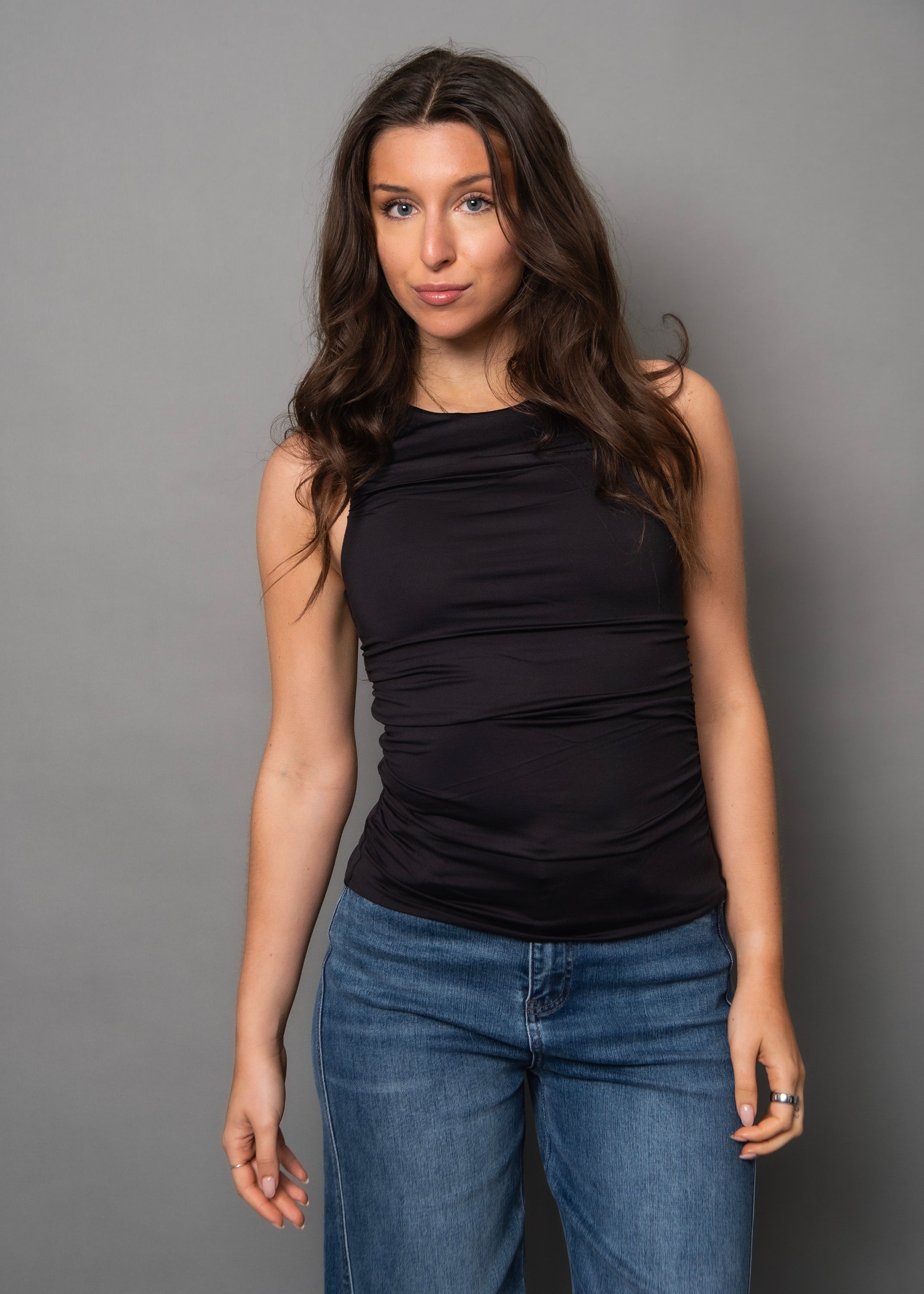 RIMA SHIRRED TANK TOP - BLACK