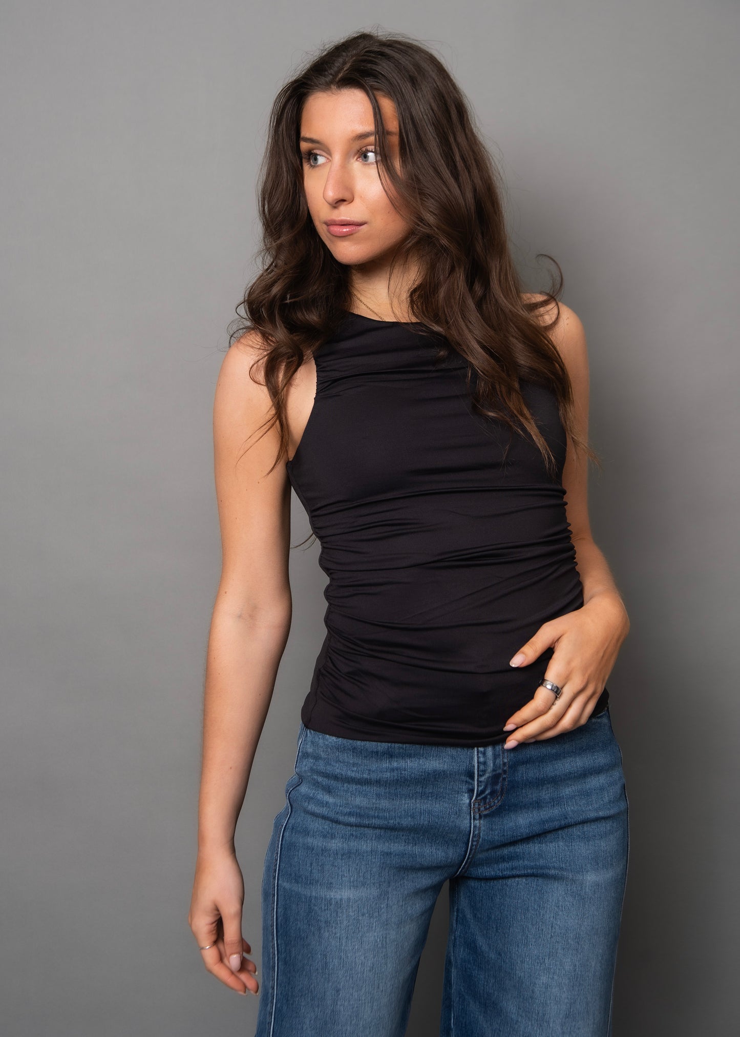 RIMA SHIRRED TANK TOP - BLACK