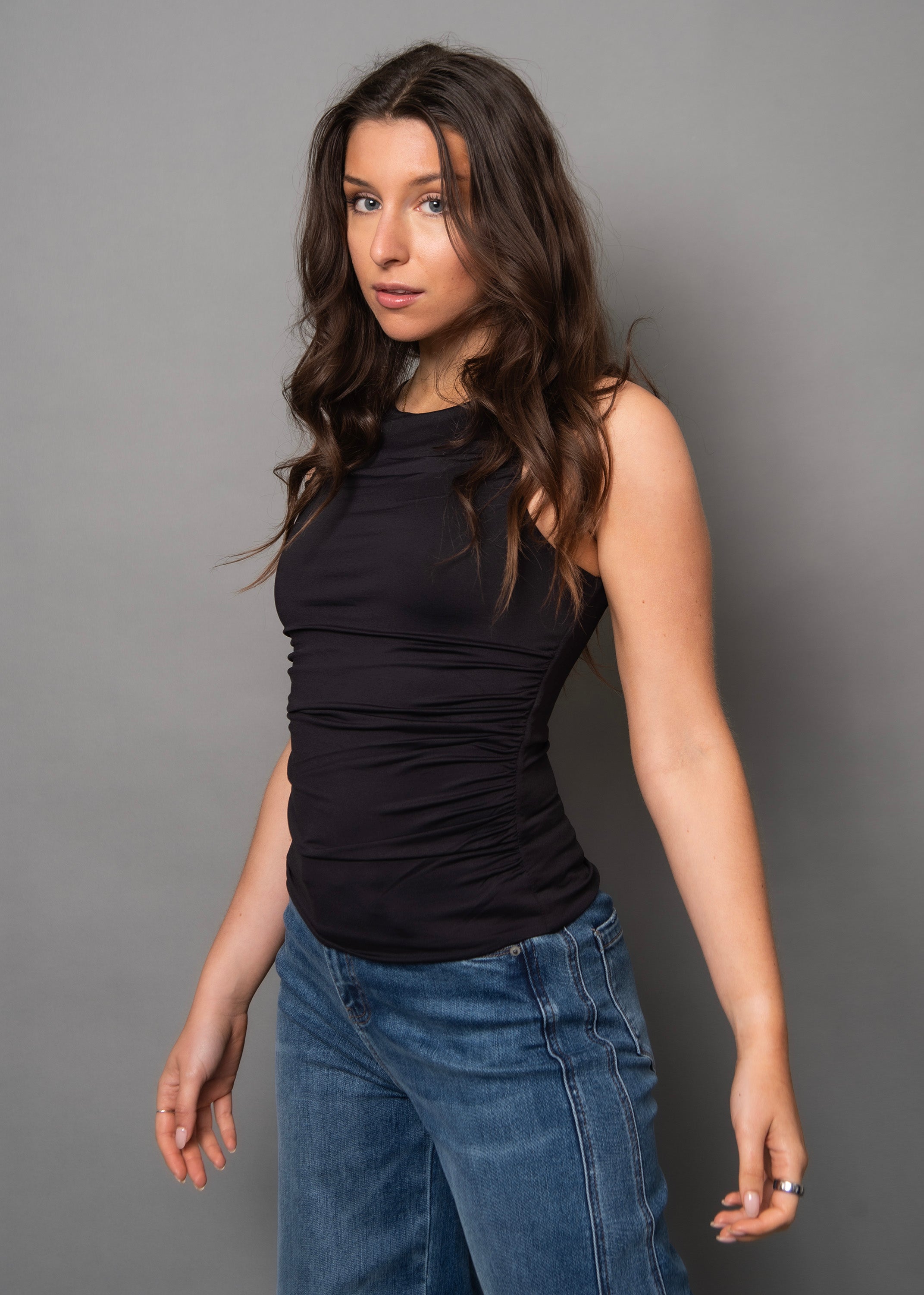 RIMA SHIRRED TANK TOP - BLACK