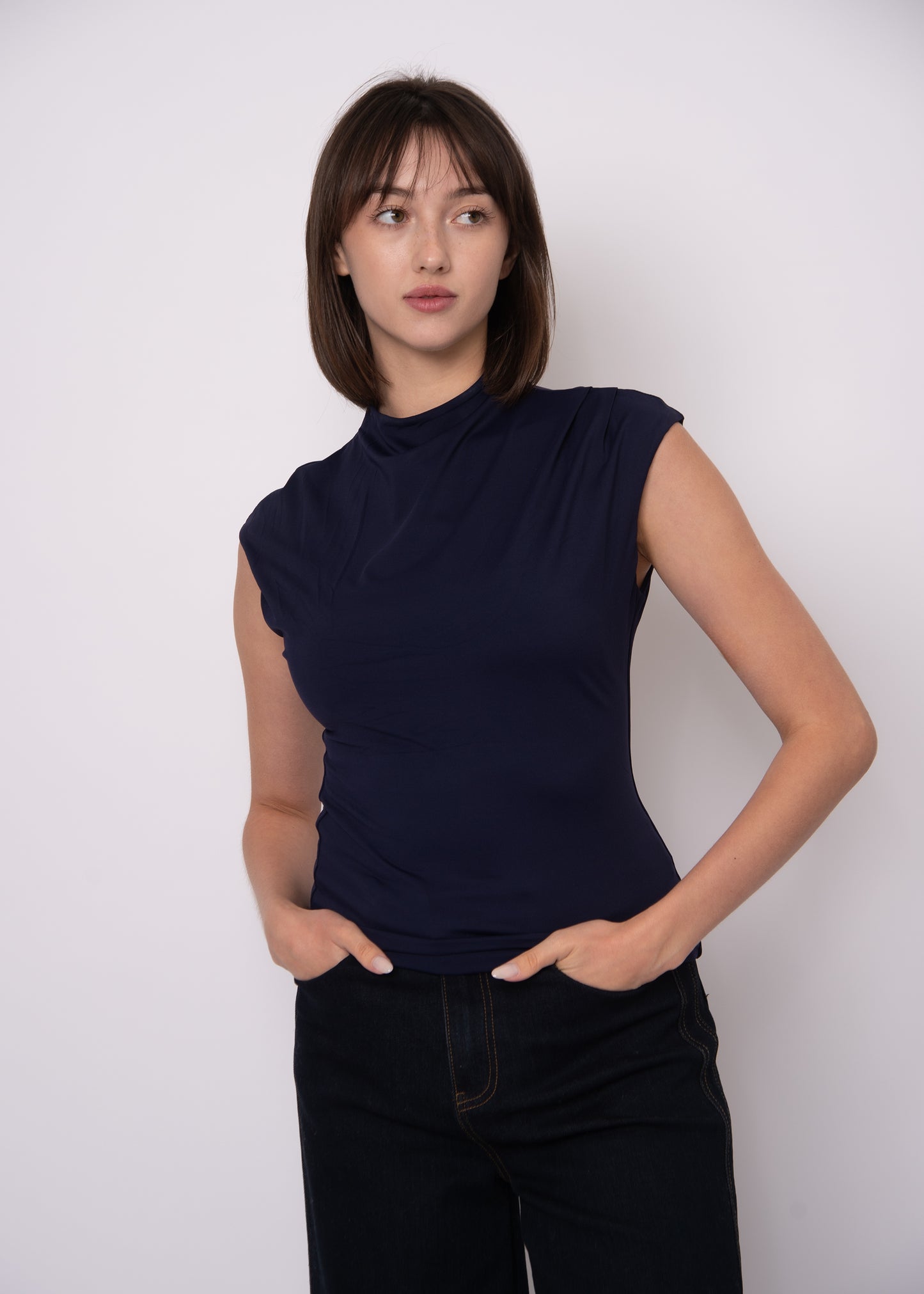 YVETTE FUNNEL NECK TOP - NAVY