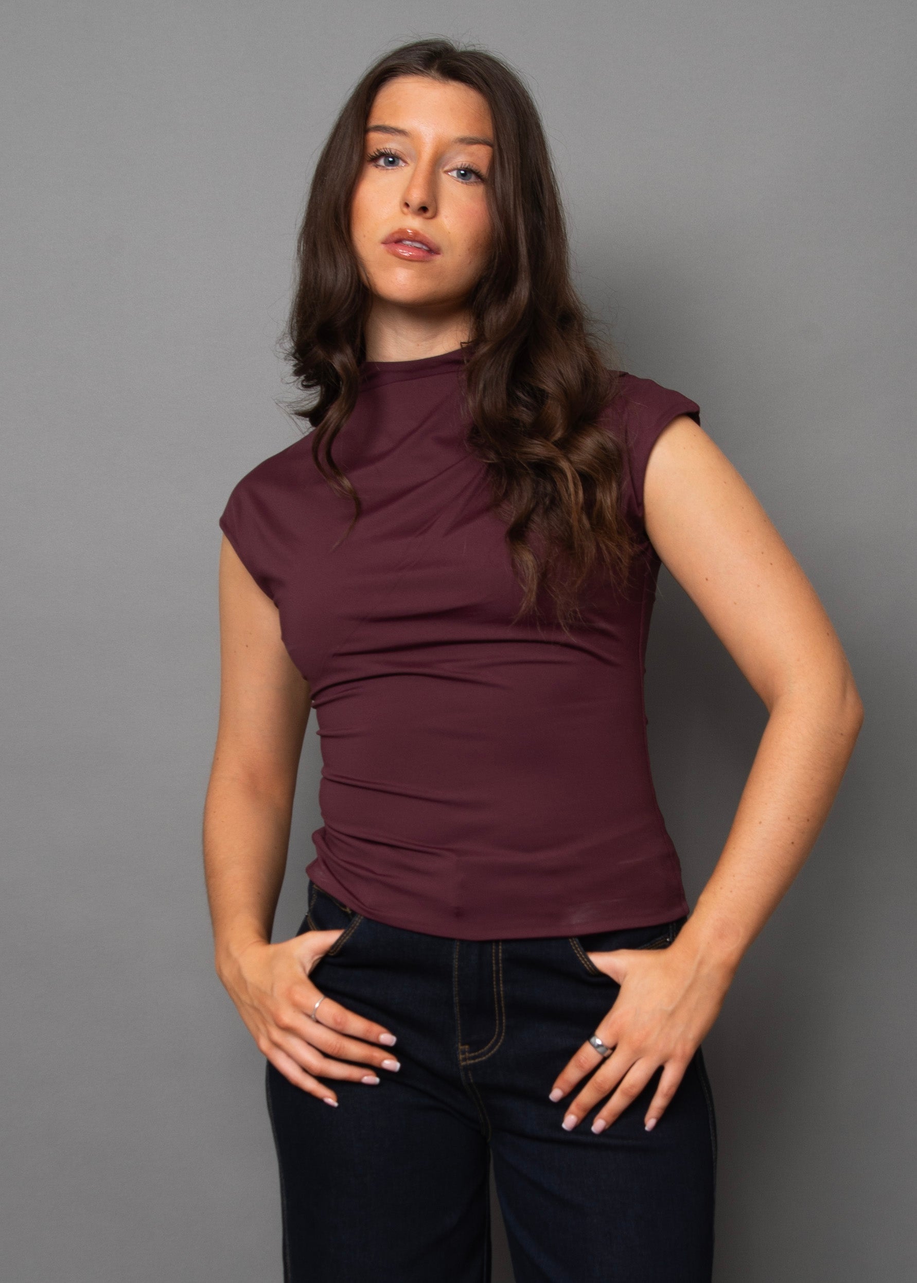 YVETTE FUNNEL NECK TOP - PRUNE