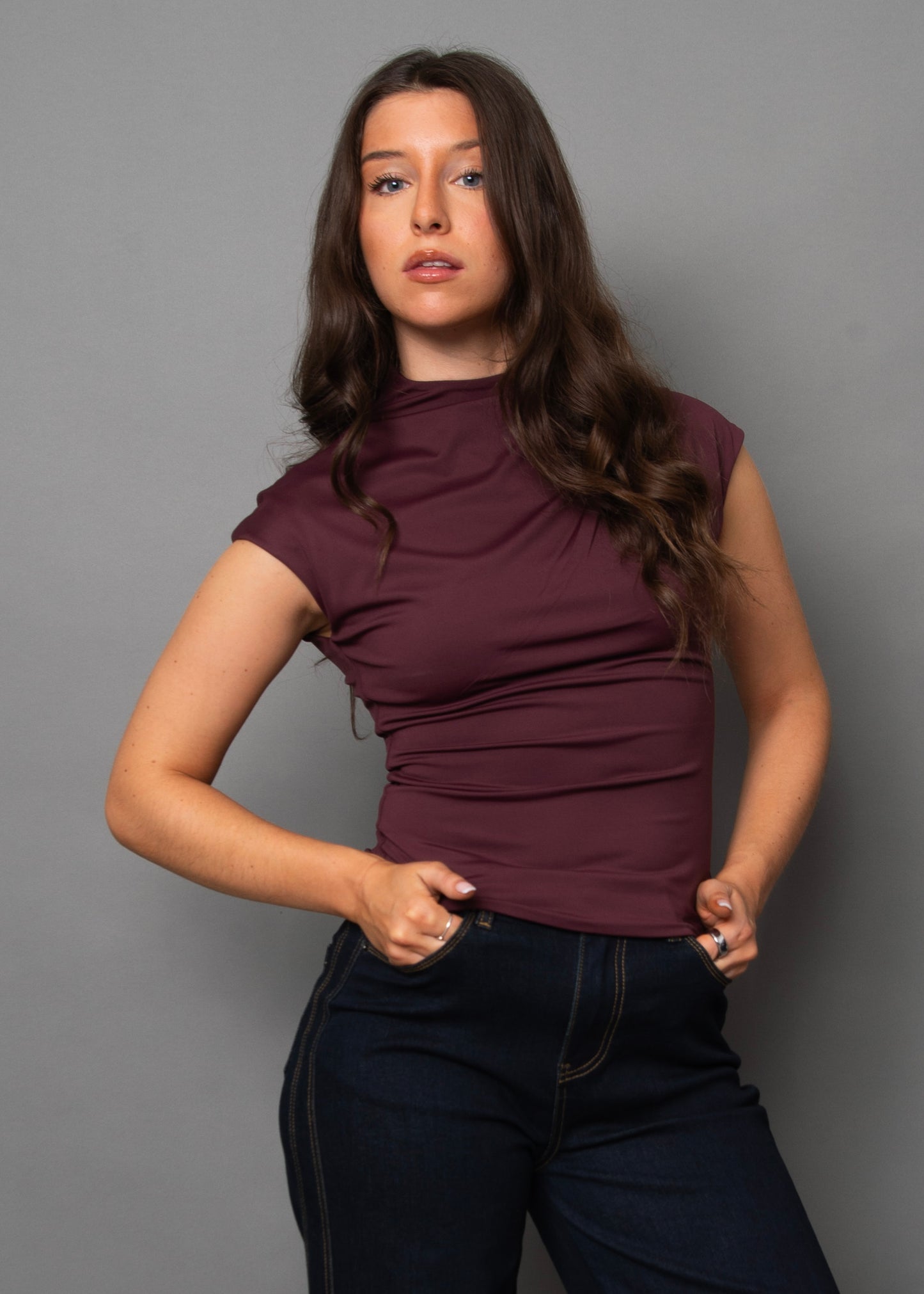 YVETTE FUNNEL NECK TOP - PRUNE