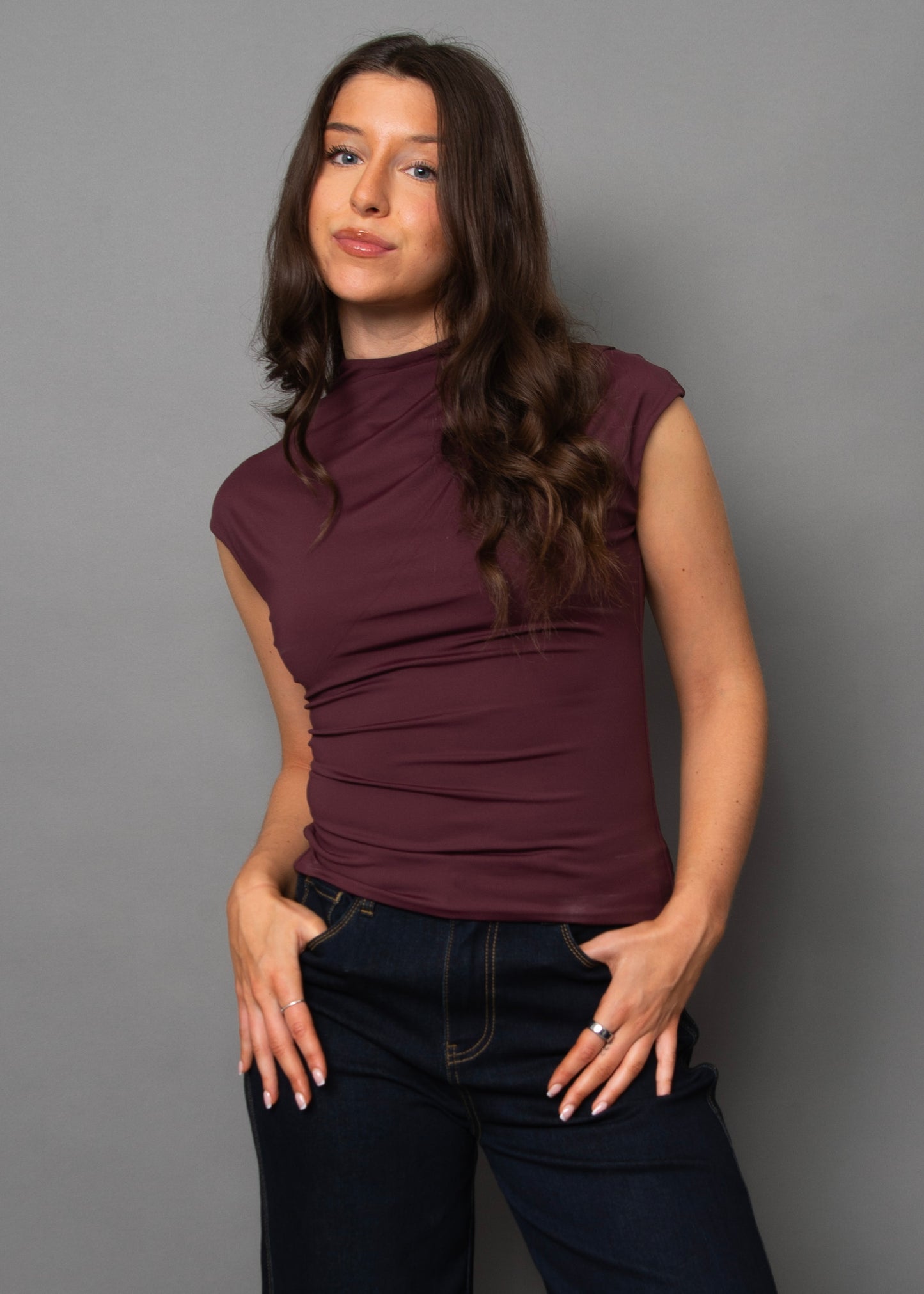 YVETTE FUNNEL NECK TOP - PRUNE