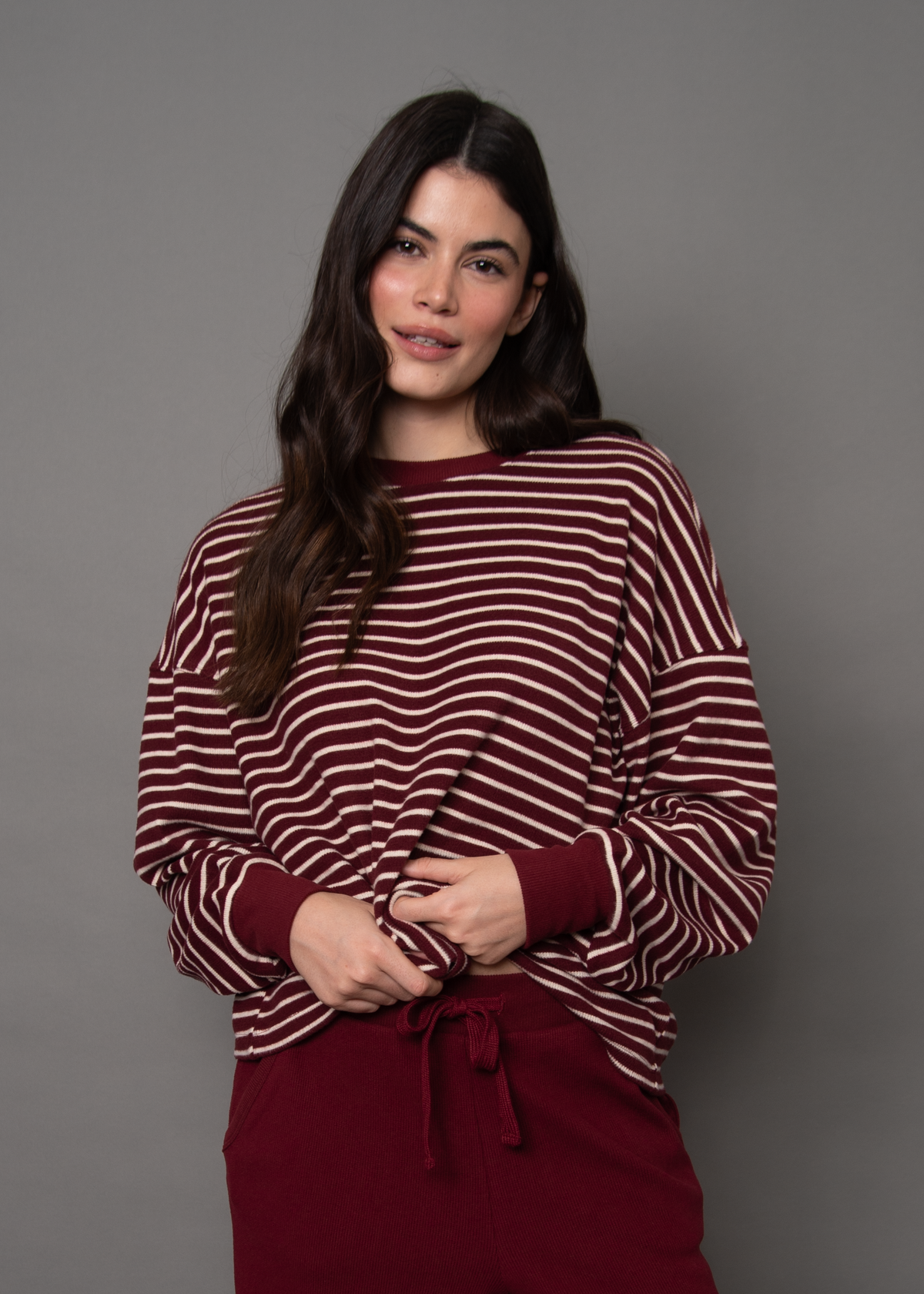 COLBERT STRIPED WAFFLE TOP - BURGUNDY