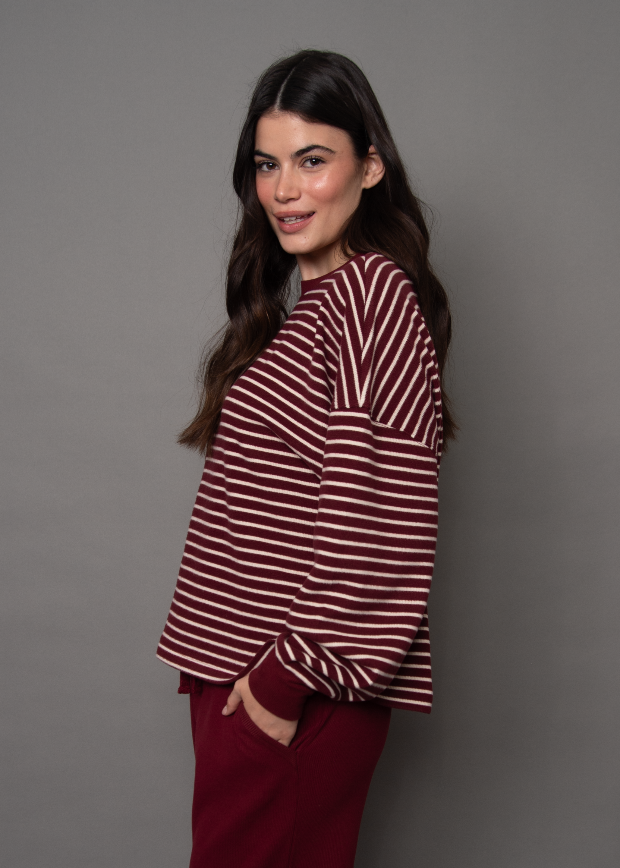 COLBERT STRIPED WAFFLE TOP - BURGUNDY
