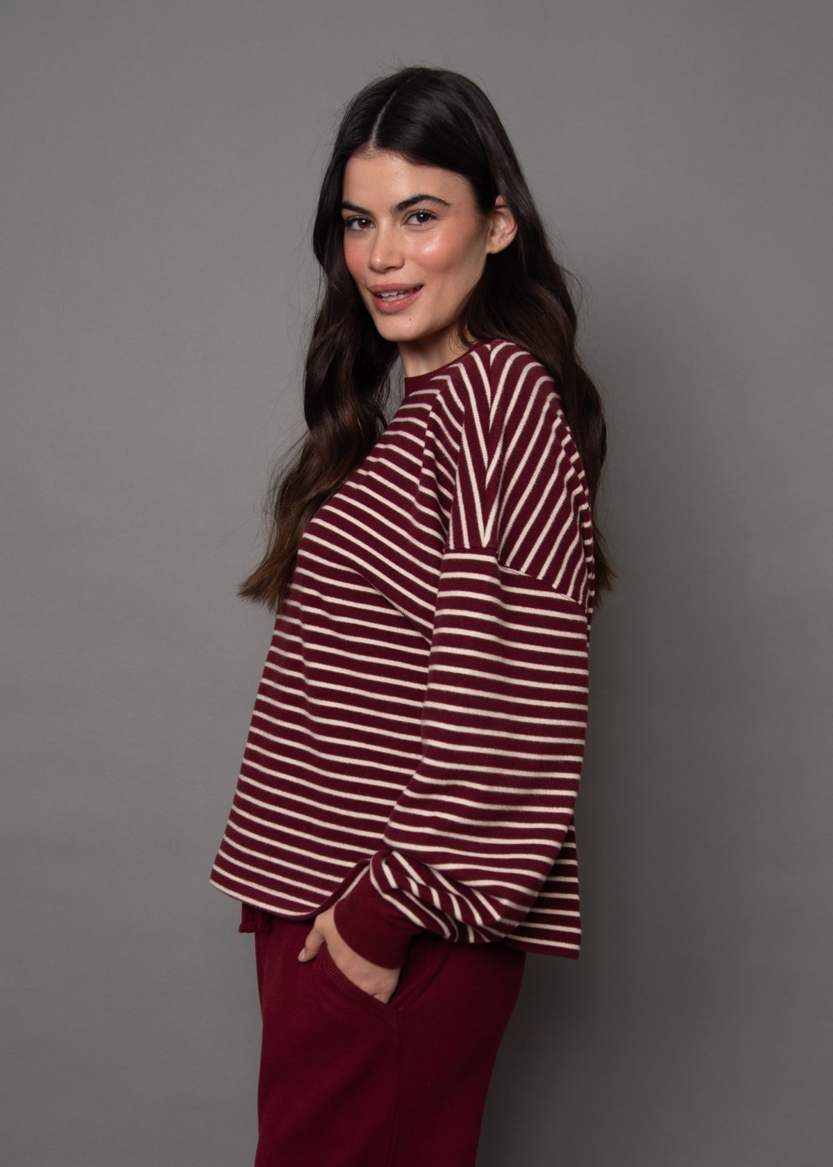 COLBERT STRIPED WAFFLE TOP - BURGUNDY