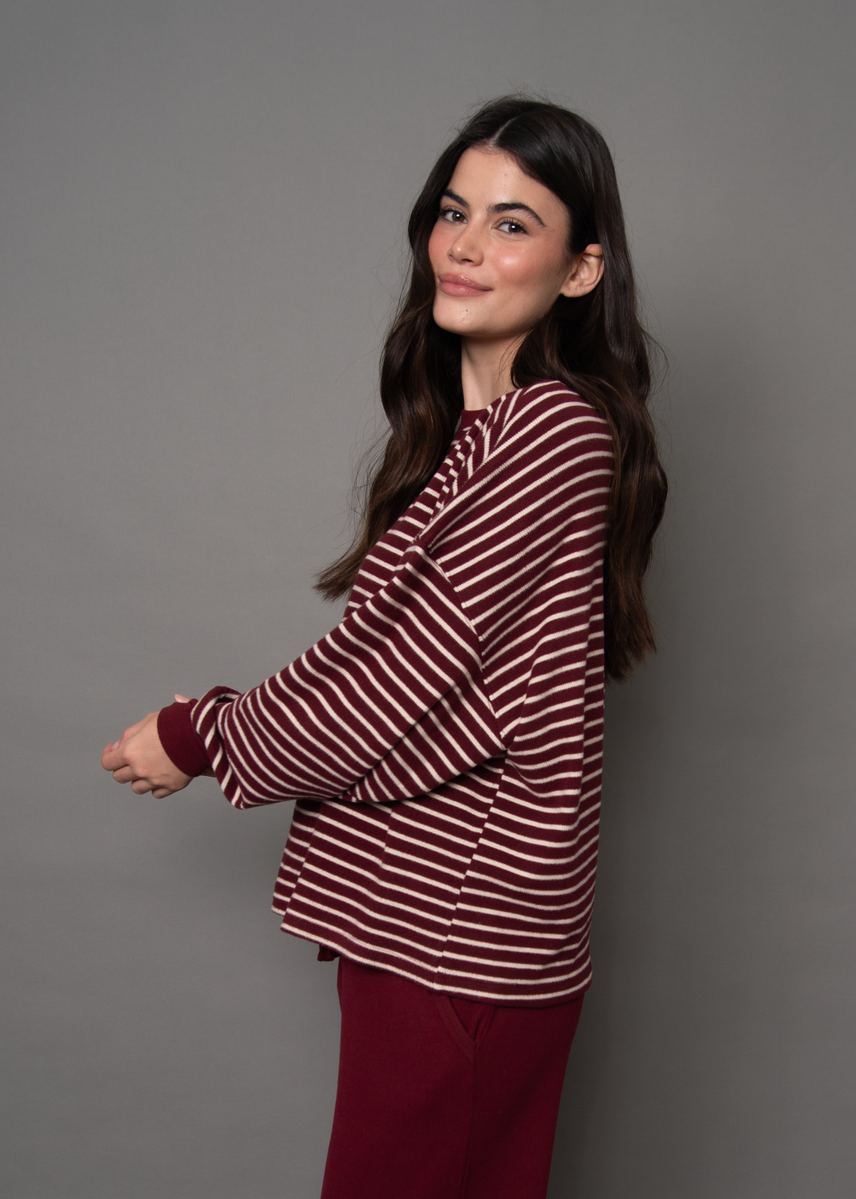 COLBERT STRIPED WAFFLE TOP - BURGUNDY