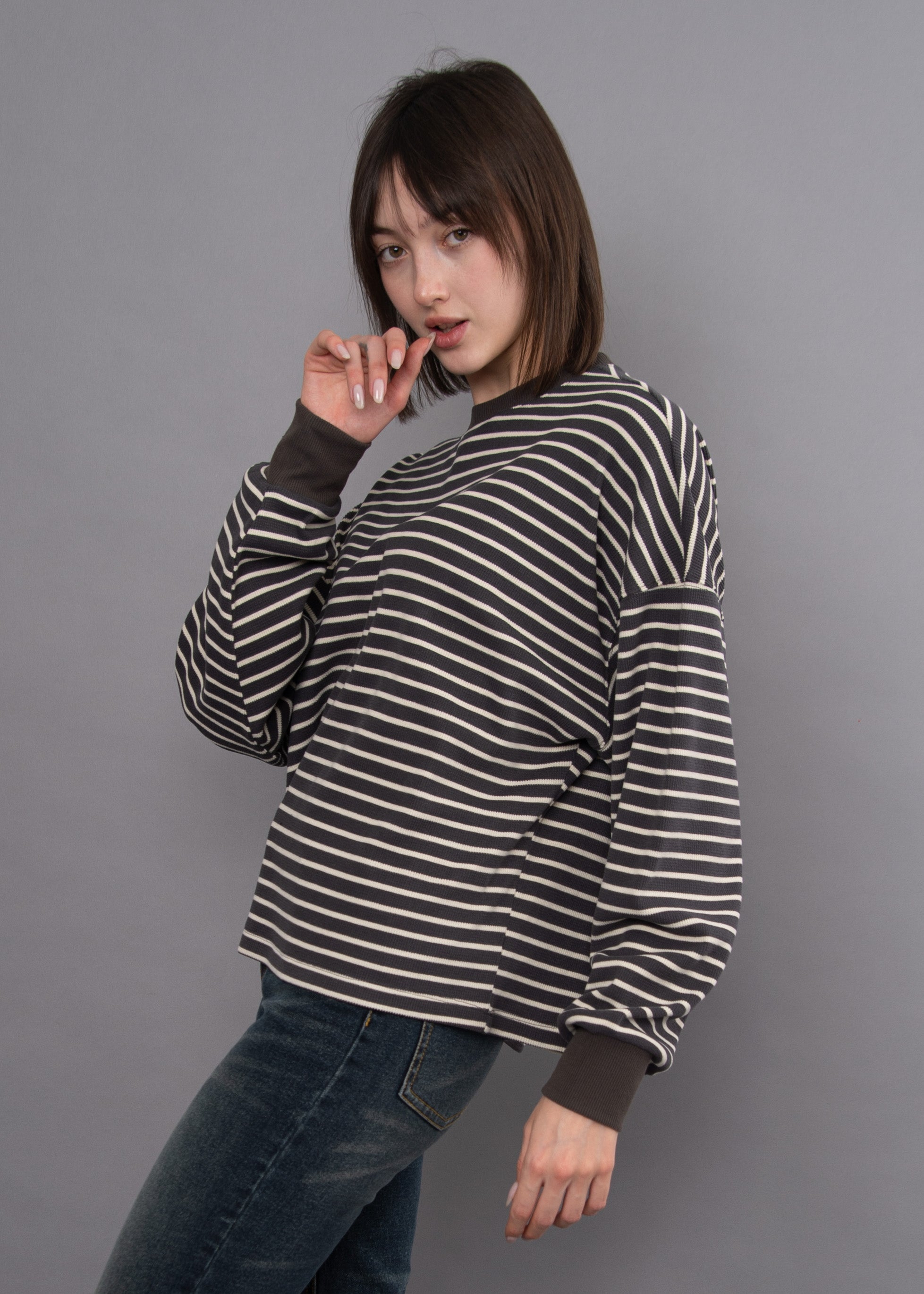 COLBERT STRIPED WAFFLE TOP - COAL