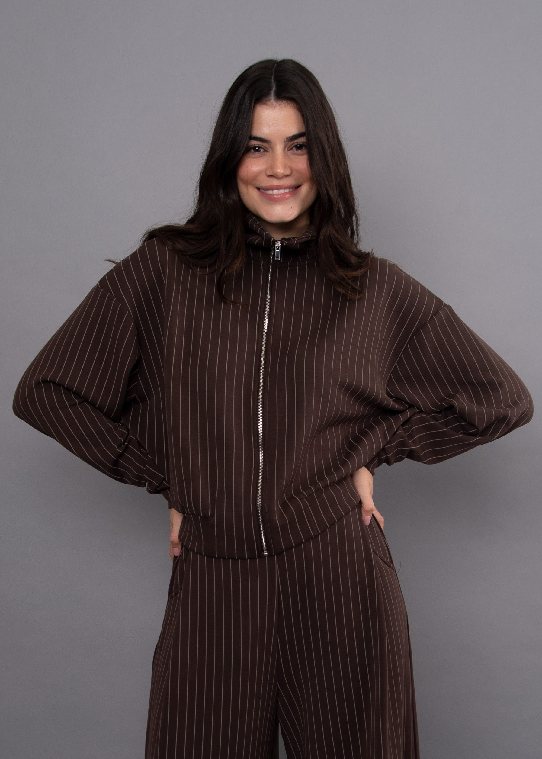 MAURITZ STRIPED SOFT KNIT SWEATER - BROWN