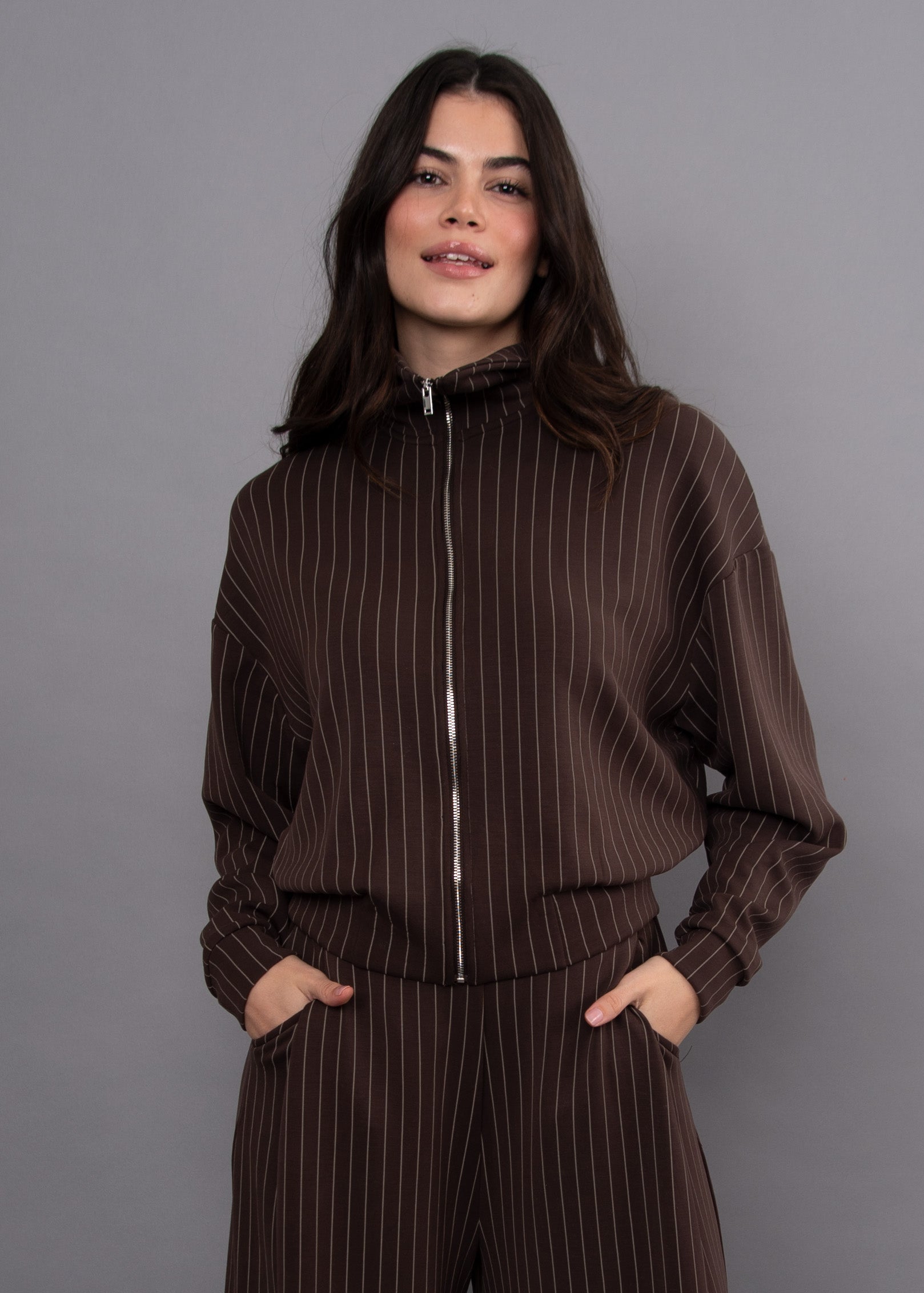 MAURITZ STRIPED SOFT KNIT SWEATER - BROWN