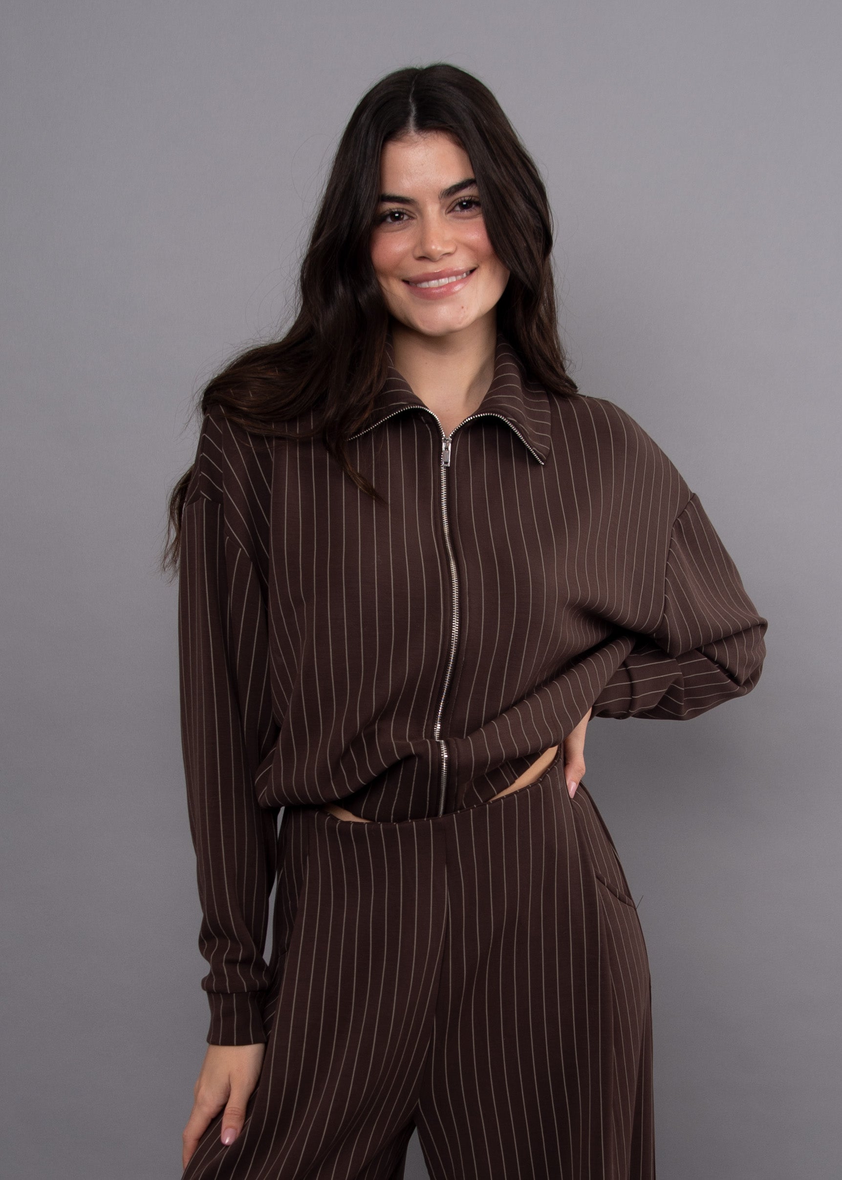 MAURITZ STRIPED SOFT KNIT SWEATER - BROWN