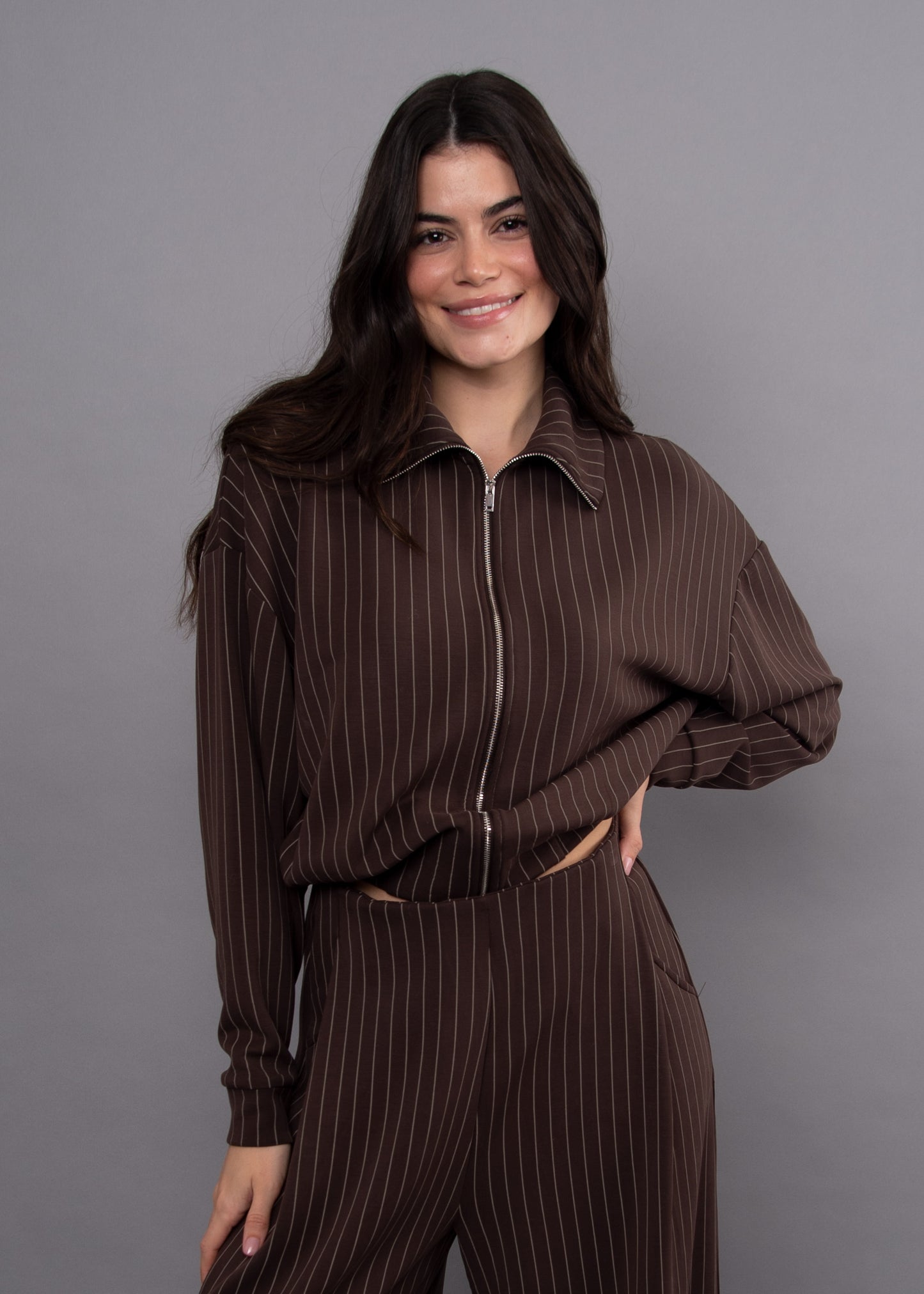 MAURITZ STRIPED SOFT KNIT SWEATER - BROWN