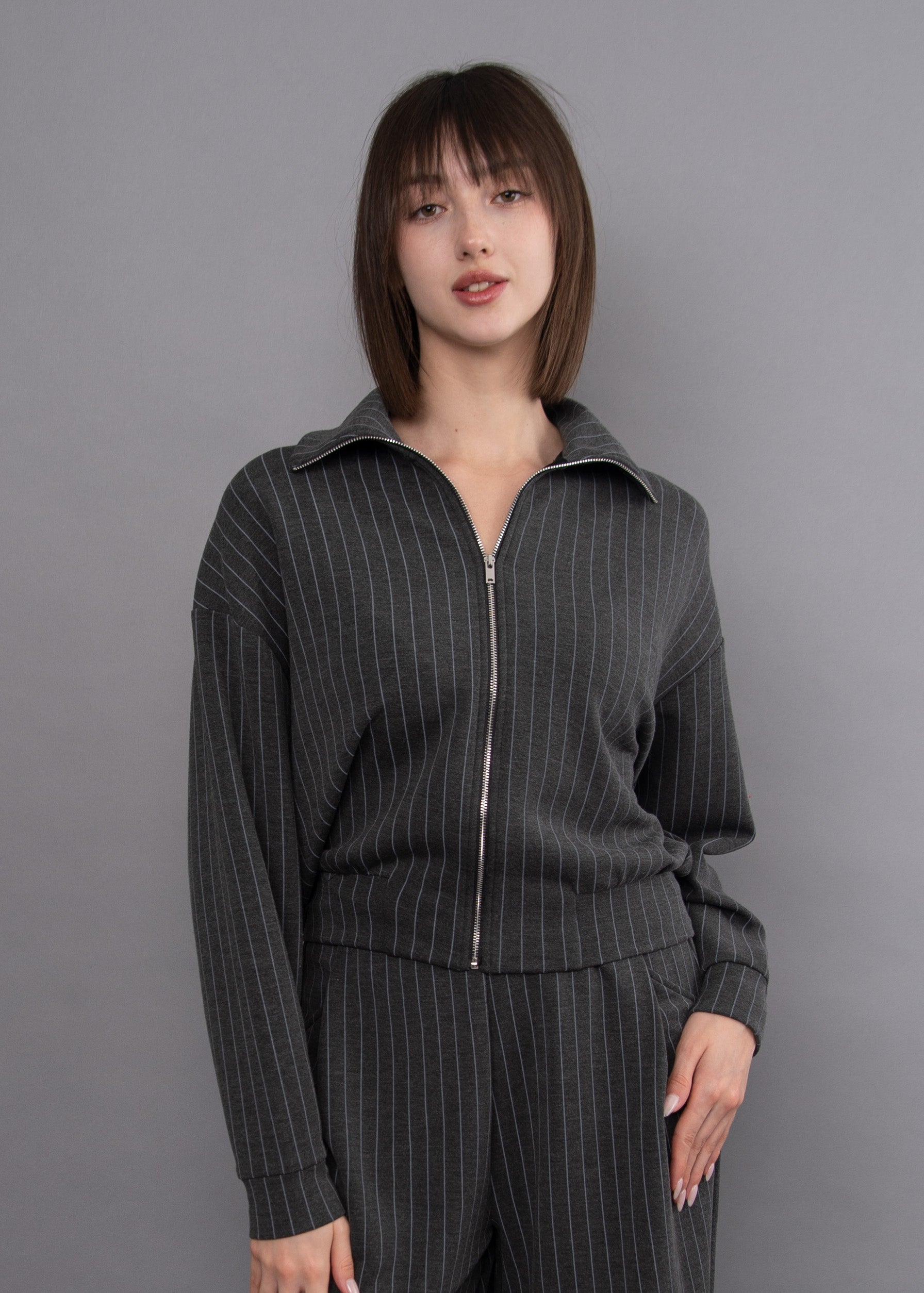 MAURITZ STRIPED SOFT KNIT SWEATER - CHARCOAL