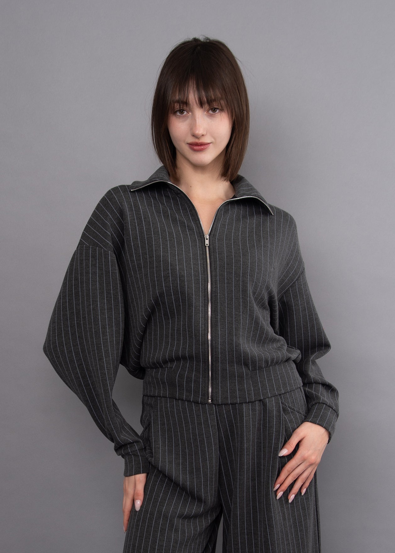 MAURITZ STRIPED SOFT KNIT SWEATER - CHARCOAL