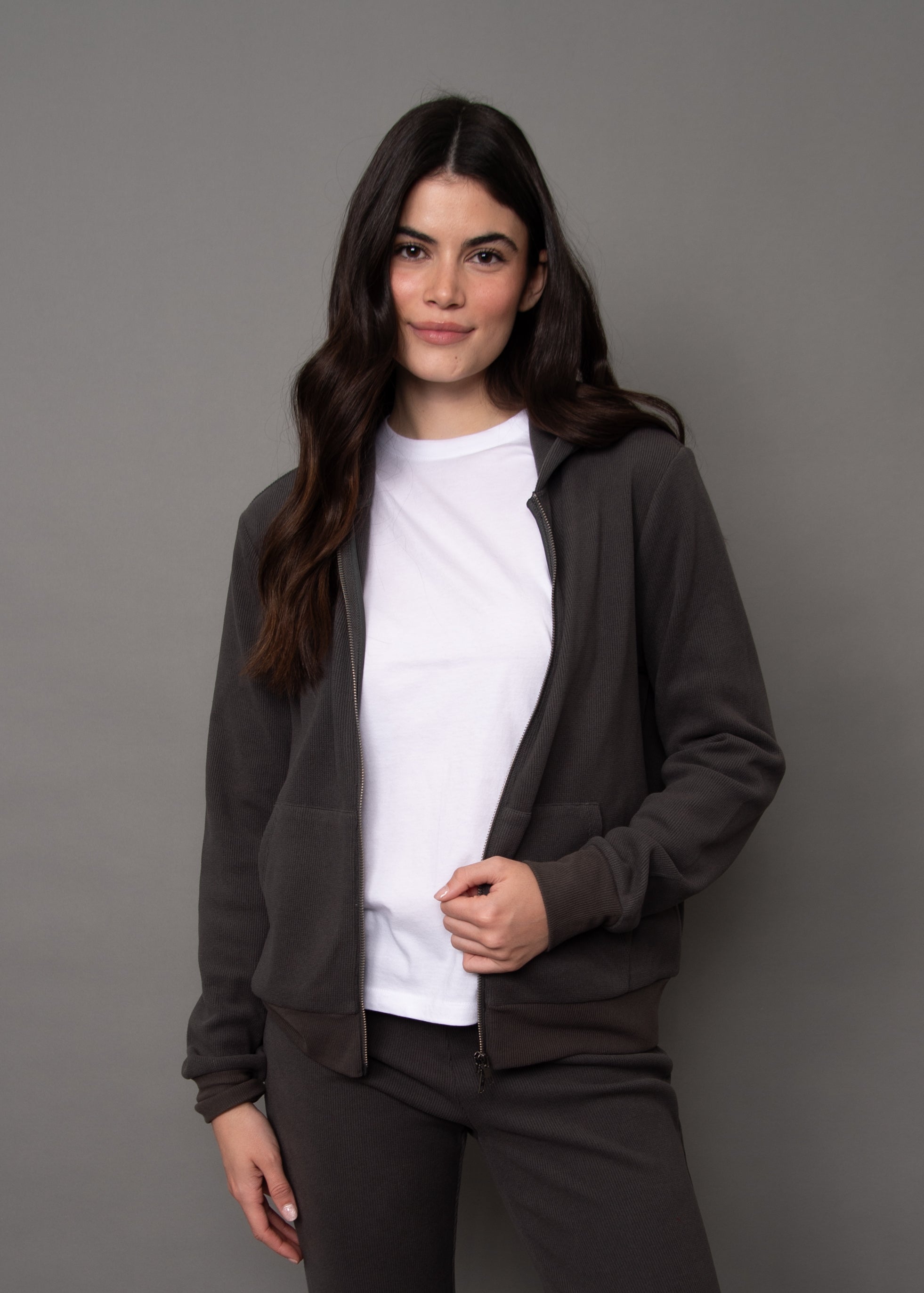 HESTA WAFFLE ZIP UP HOODY - COAL