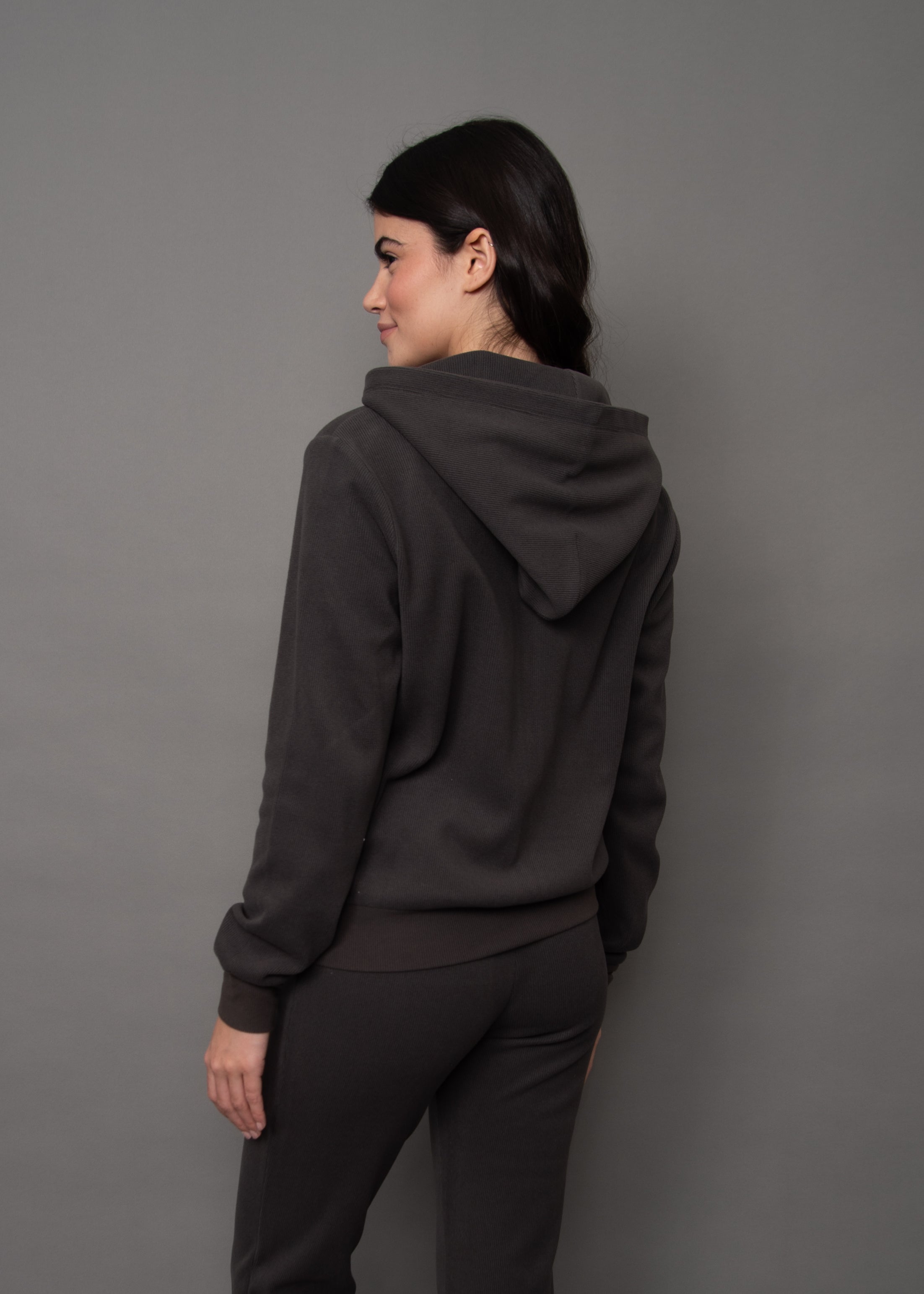 HESTA WAFFLE ZIP UP HOODY - COAL