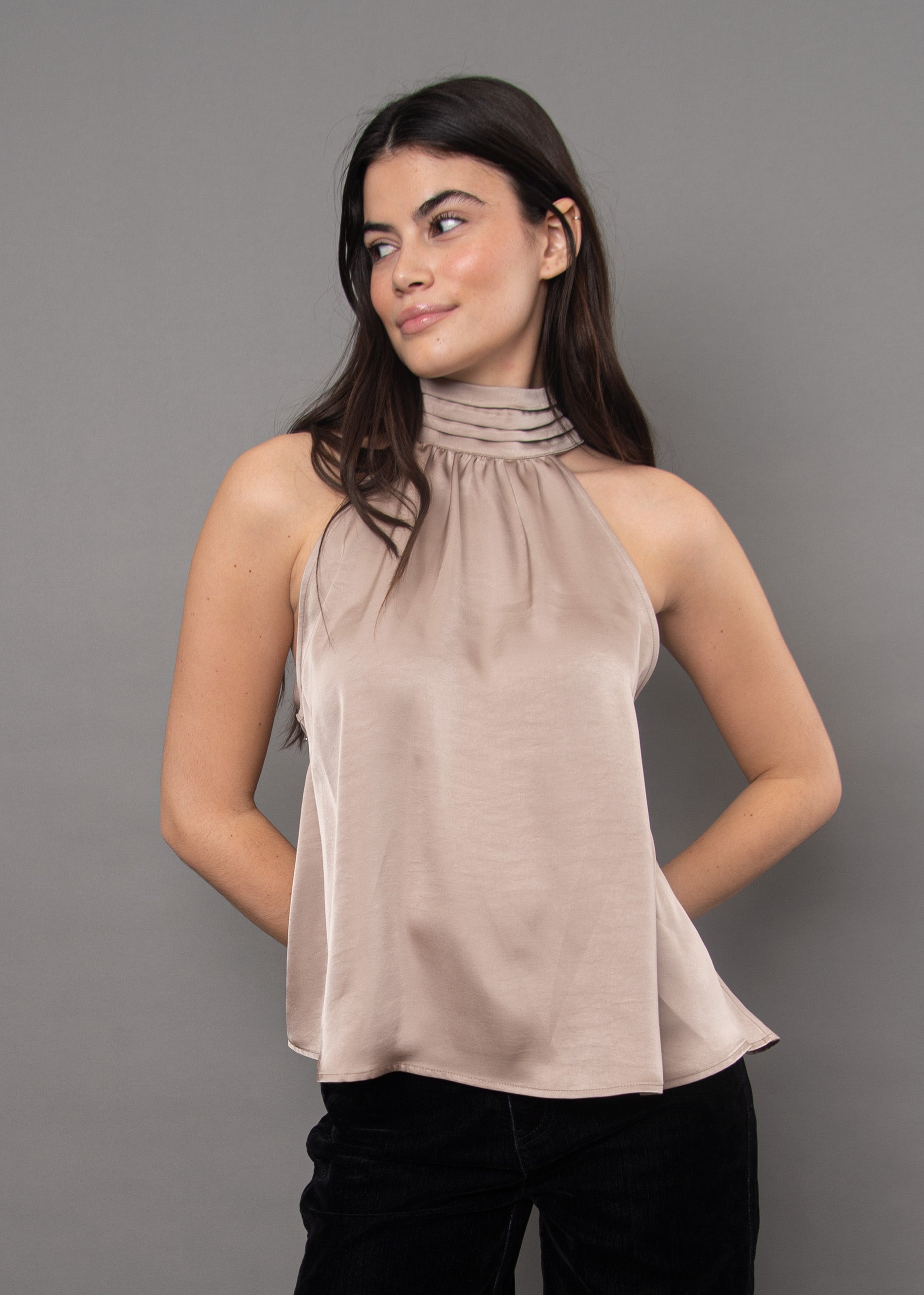 LYSELL SATIN HALTER TOP - TAUPE