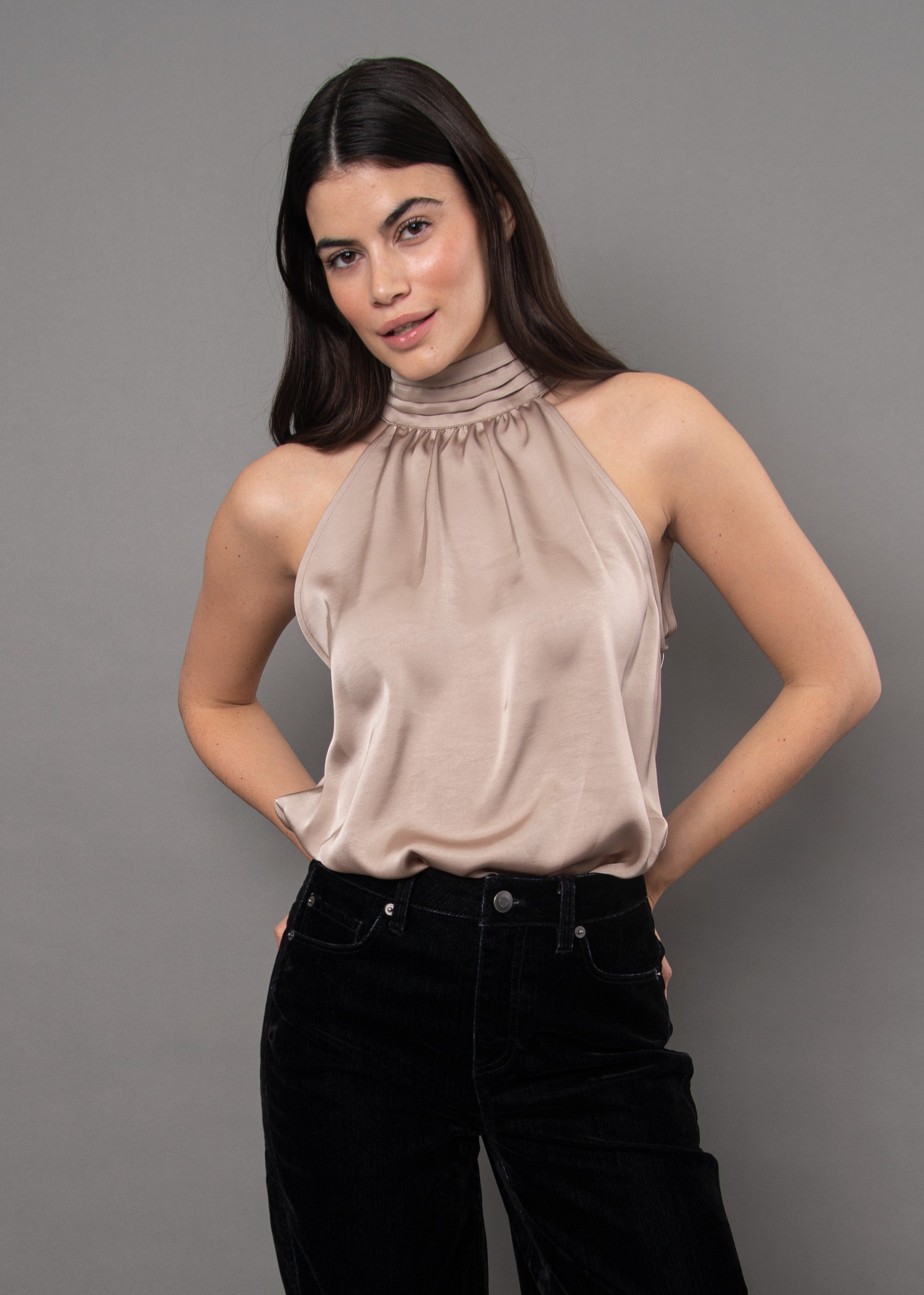 LYSELL SATIN HALTER TOP - TAUPE