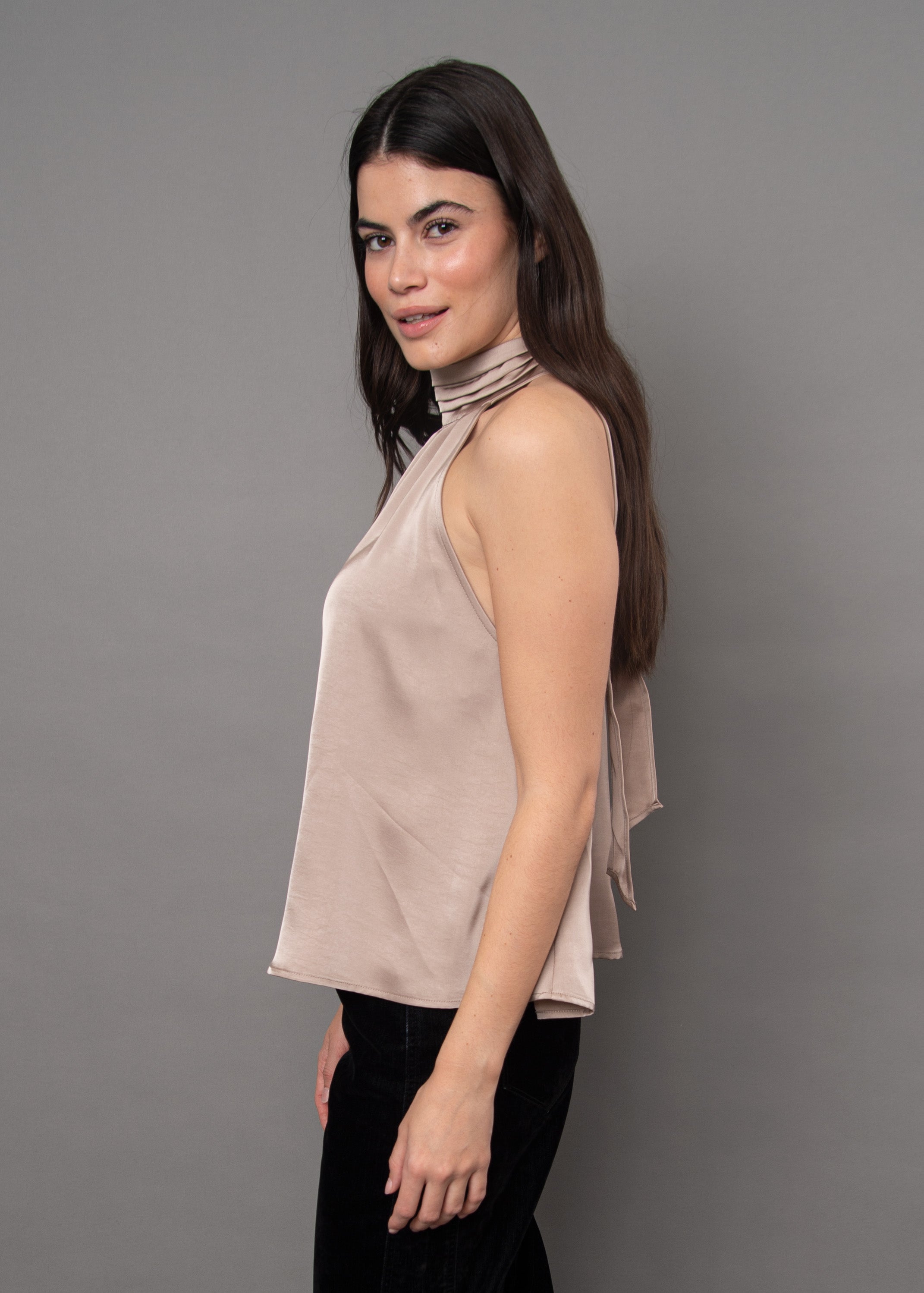LYSELL SATIN HALTER TOP - TAUPE