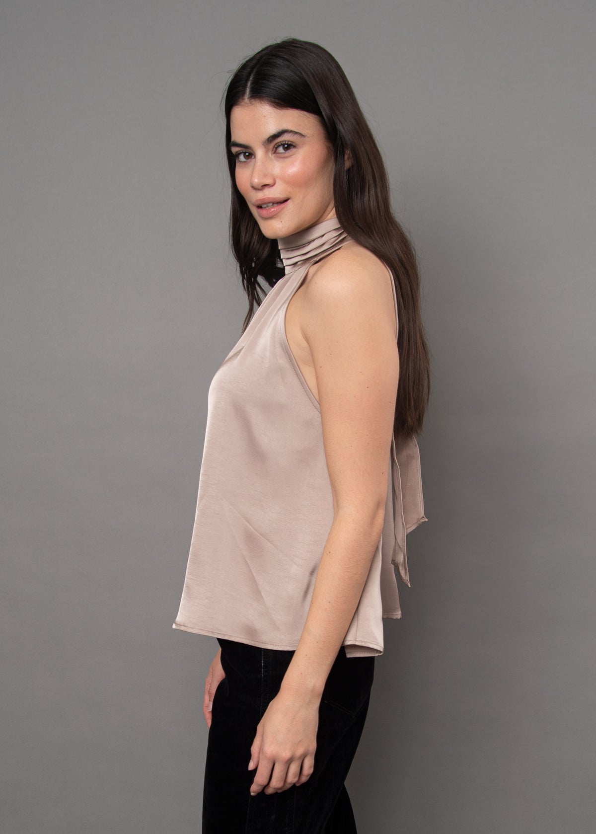 LYSELL SATIN HALTER TOP - TAUPE