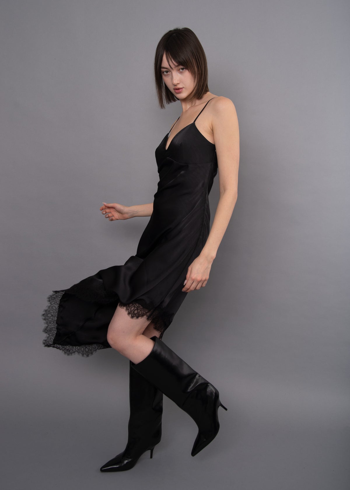 COLETTE SATIN LACE TRIM DRESS