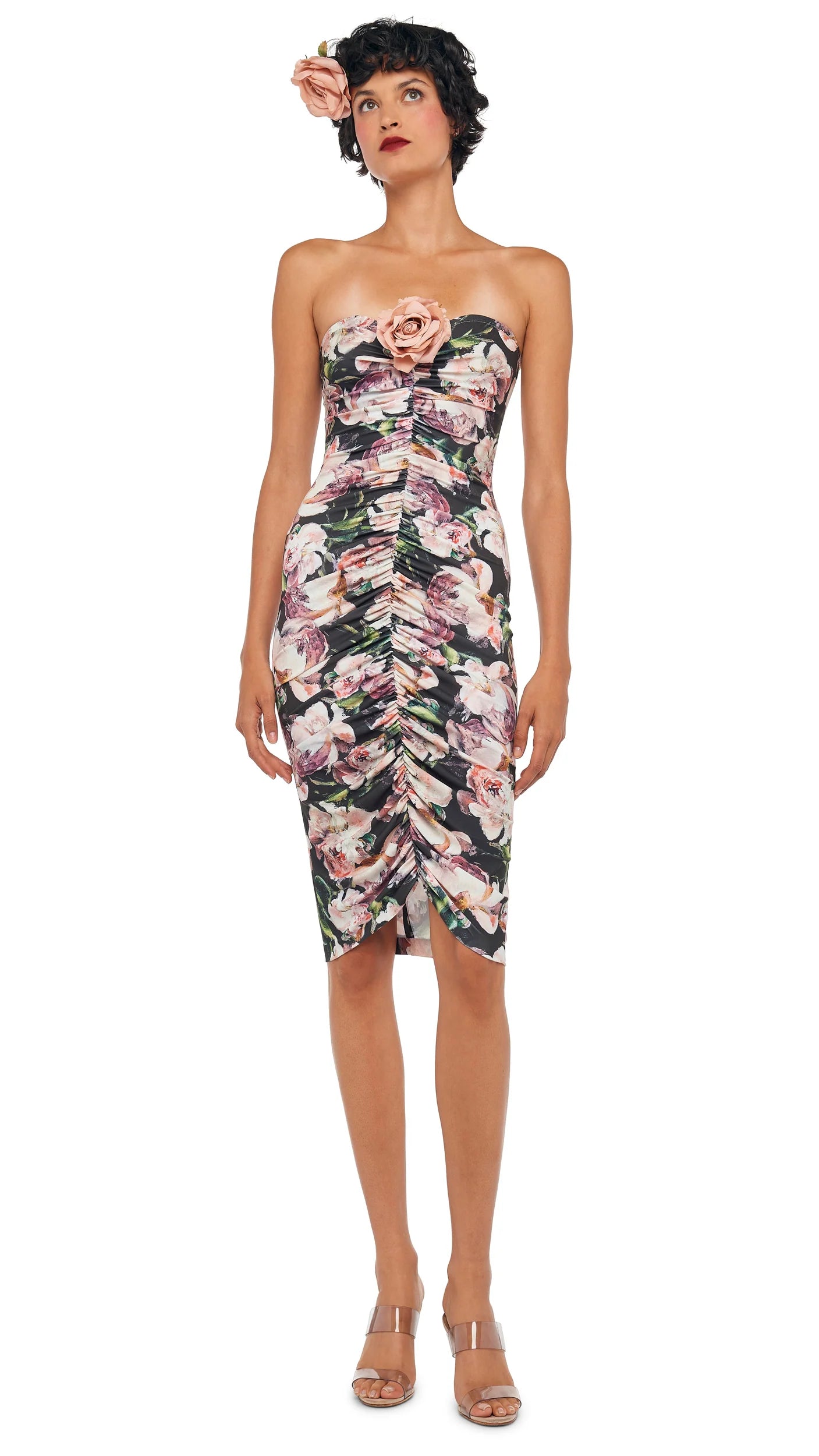 STRAPLESS SHIRRED FRONT DRESS - PEONY