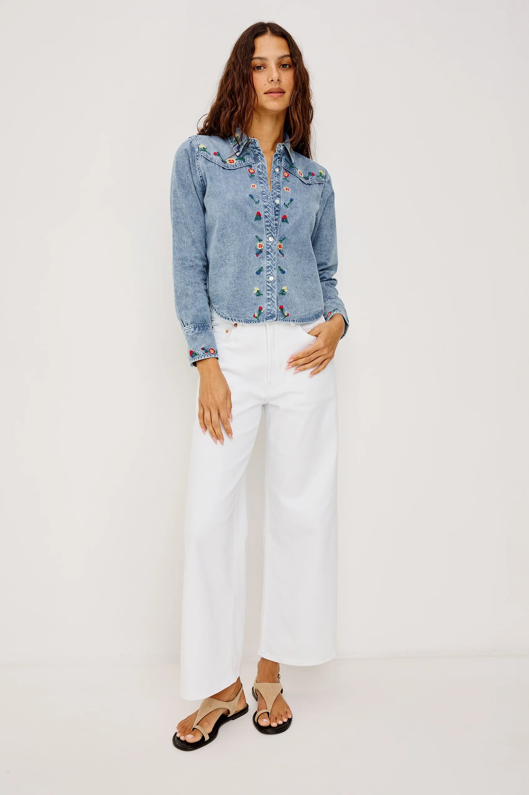 BARI SHIRT - FADED INDIGO FLORAL EMBROIDERY